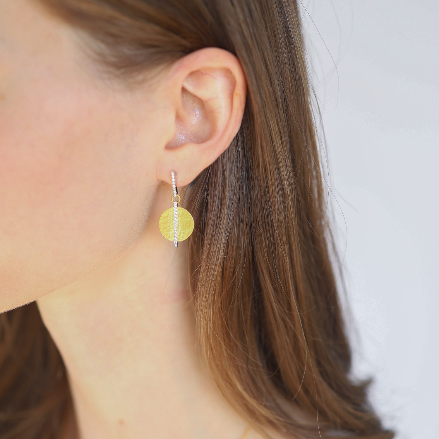 Gurhan: Earrings, Small Lush diamond drop, Diamonds, .176 TCW, 24K yellow gold, 18K white gold, Measure 1 3/16 x 9/16