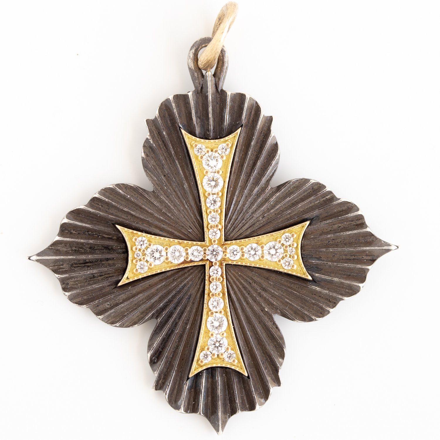 Erica Molinari Trunk Show: Charm, Large Ornate, 4 point Ruche, Maltese cross, "The past, present & future are all truly one. They are today", Diamonds, .21TCW, Sterling silver, 18K gold