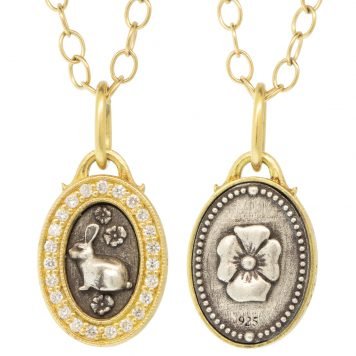Erica Molinari: Charm, Oval, Bunny and Flower, Small size, Diamonds, .19 TCW, Sterling silver, 18K gold