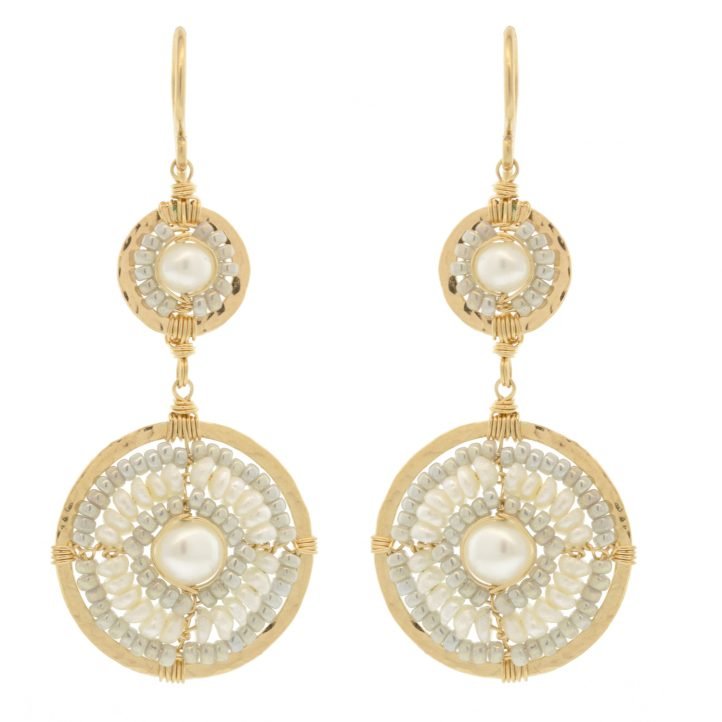 Dana Kellin: Earrings,  Double drop pearl dangle, 14K gold fill,gold rim and concentric pearl circle