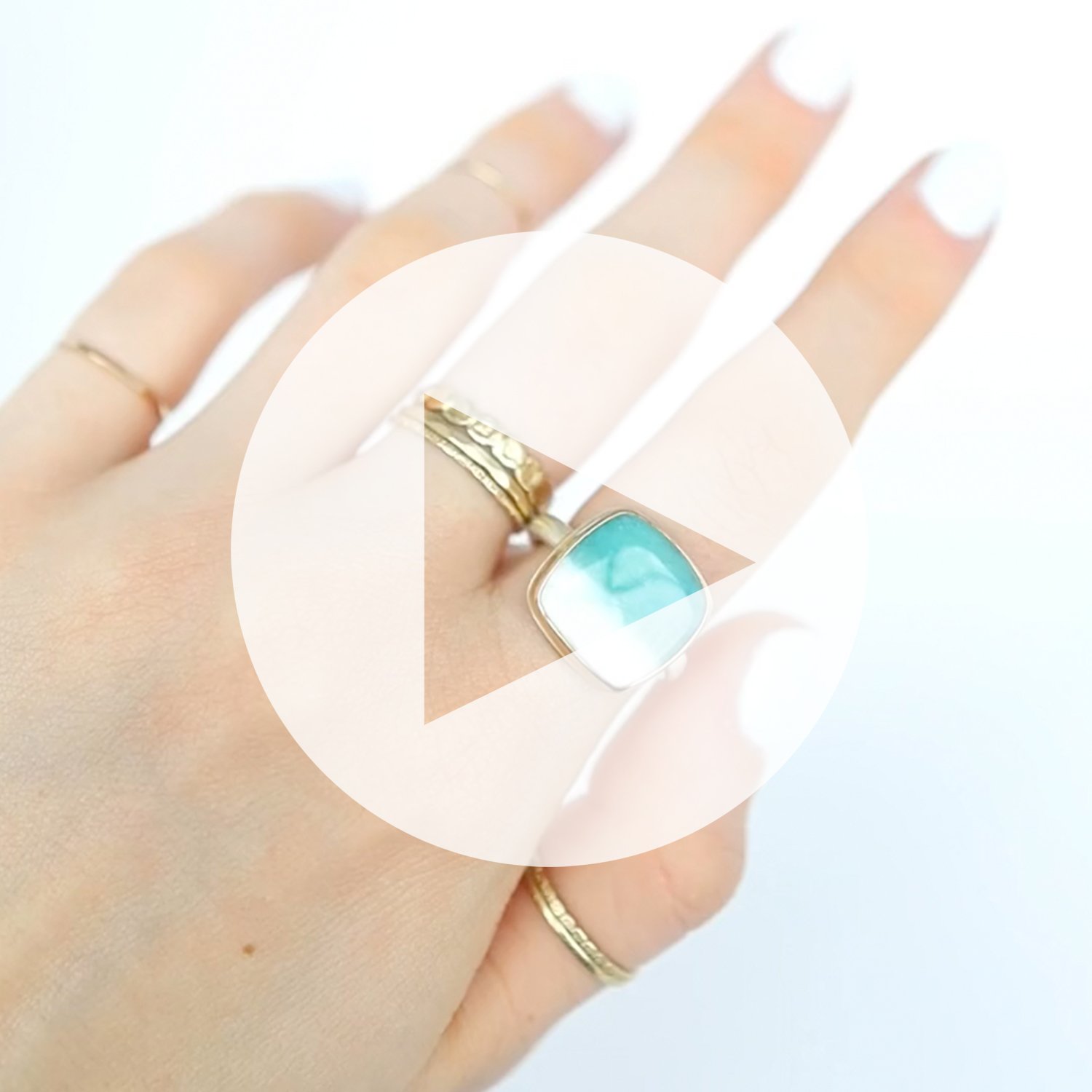 Jamie Joseph: Ring, Small square, 14K gold bezel set Indonesian blue fossilized opalized wood, Sterling silver middle organic band, Stone measures 9/16 x 9/16, Currently available in size 6 3/4
