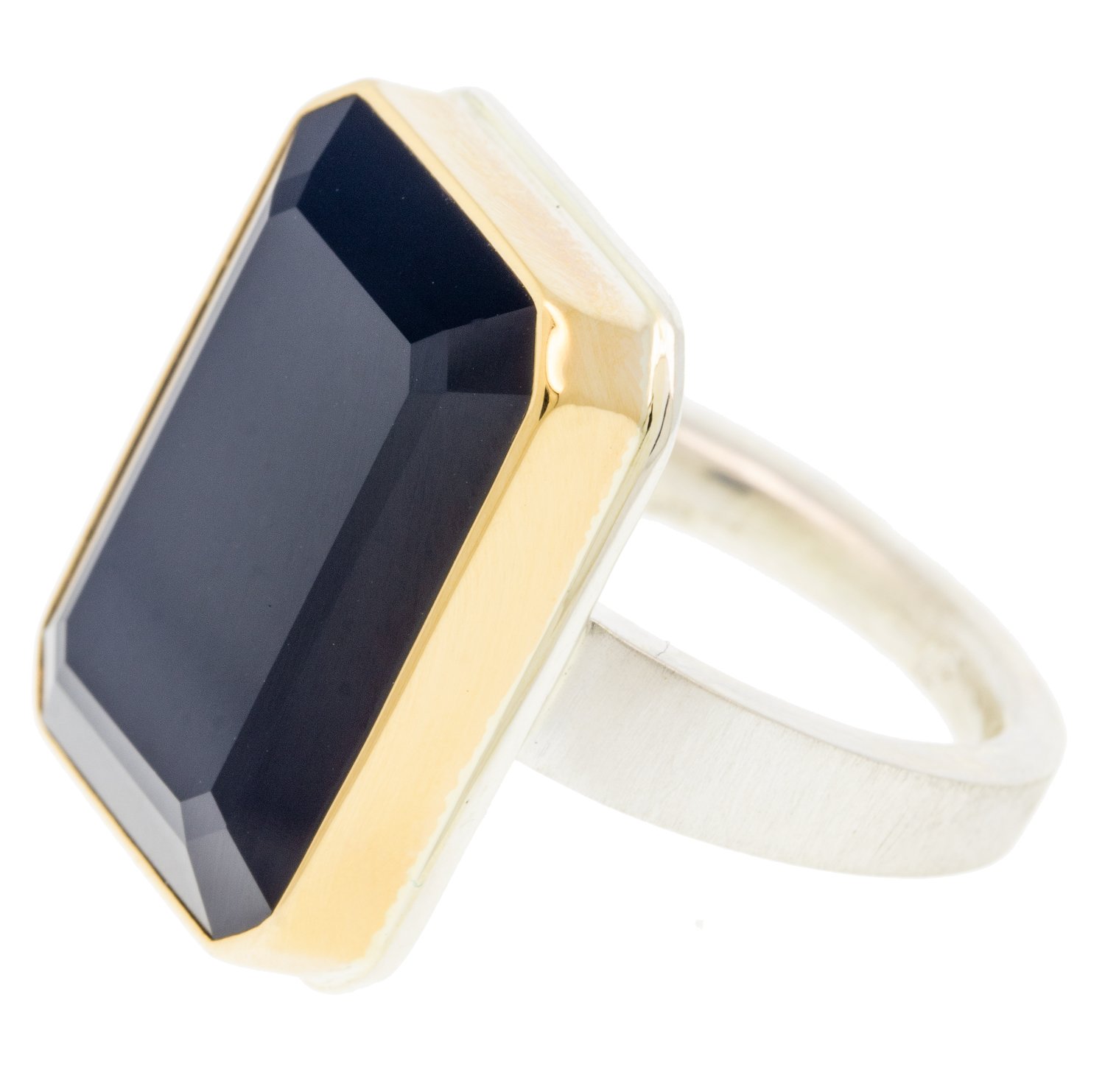 Jamie Joseph: Ring, Vertical rectangular table up, 14K gold bezel set black onyx, Sterling silver Y band, Stone measures 13/16 x 5/8, Currently available in size 8