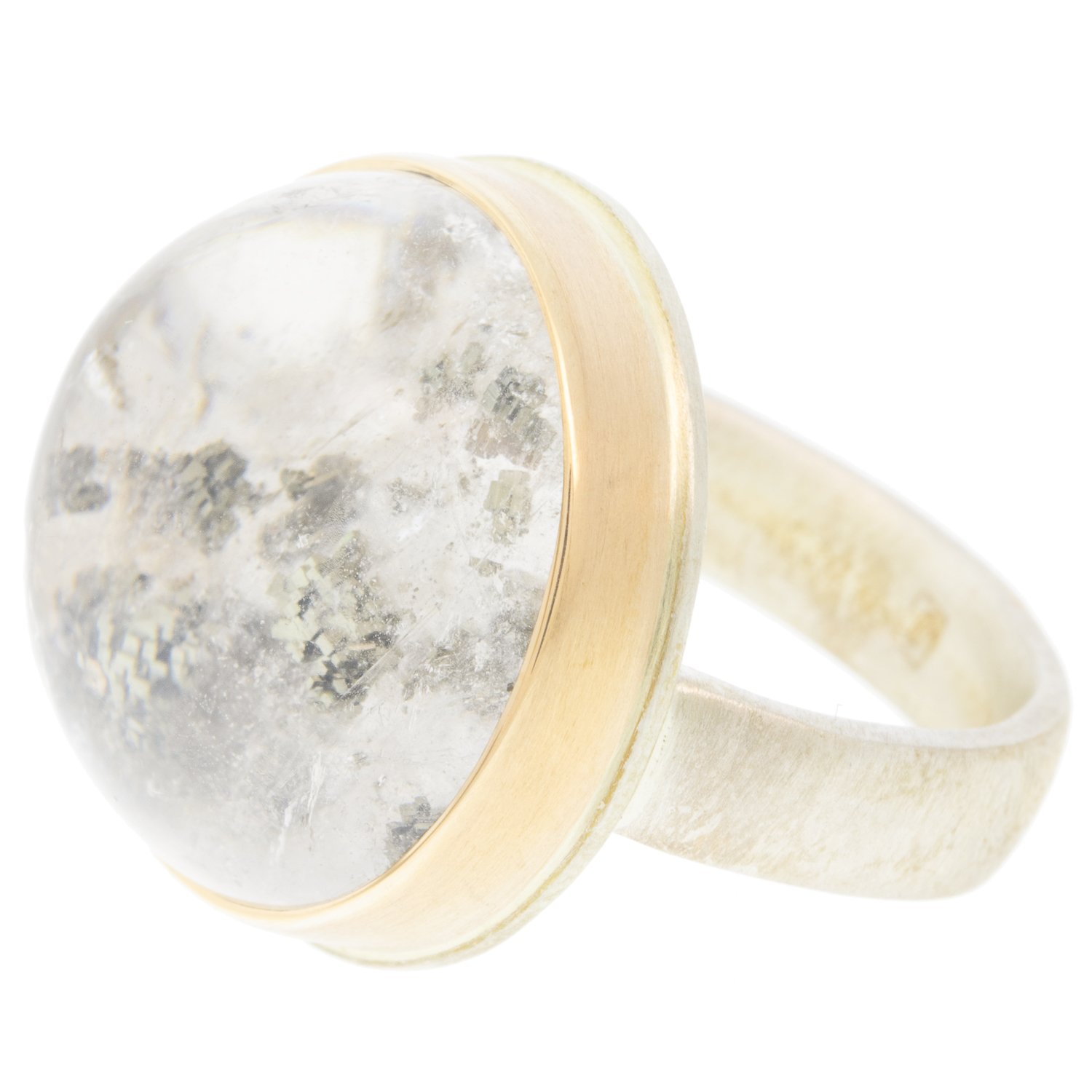 Jamie Joseph: Ring, Round smooth, 14K yellow gold bezel set pyrite in quartz, Sterling silver comfort band, Stone measures 3/4 in diameter, Currently available in size 7 1/2