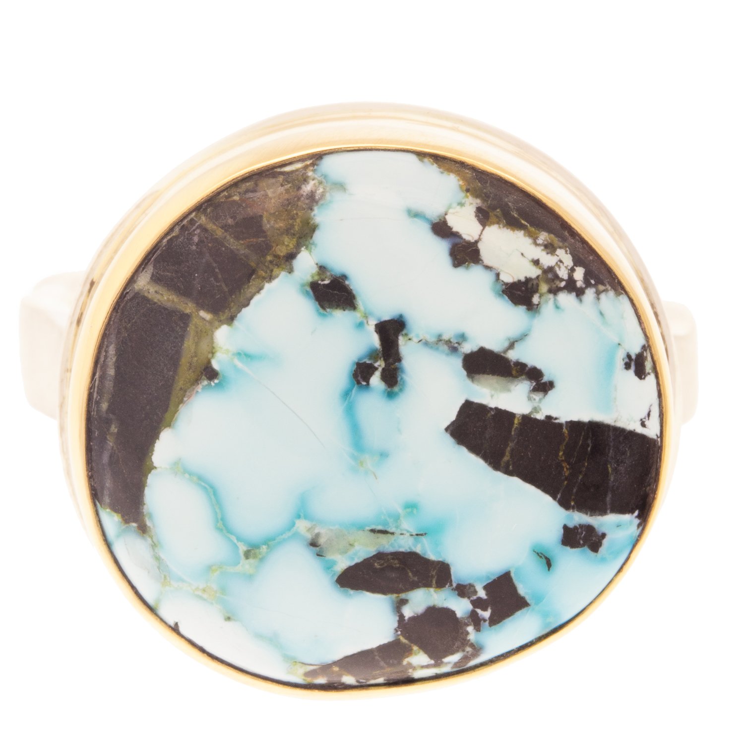 Jamie Joseph: Ring, Asymmetrical, 14K gold bezel set Sierra Nevada Turquoise, Sterling silver soft live edge band, Stone measures 11/16 x 11/16, Currently available in size 7 1/2