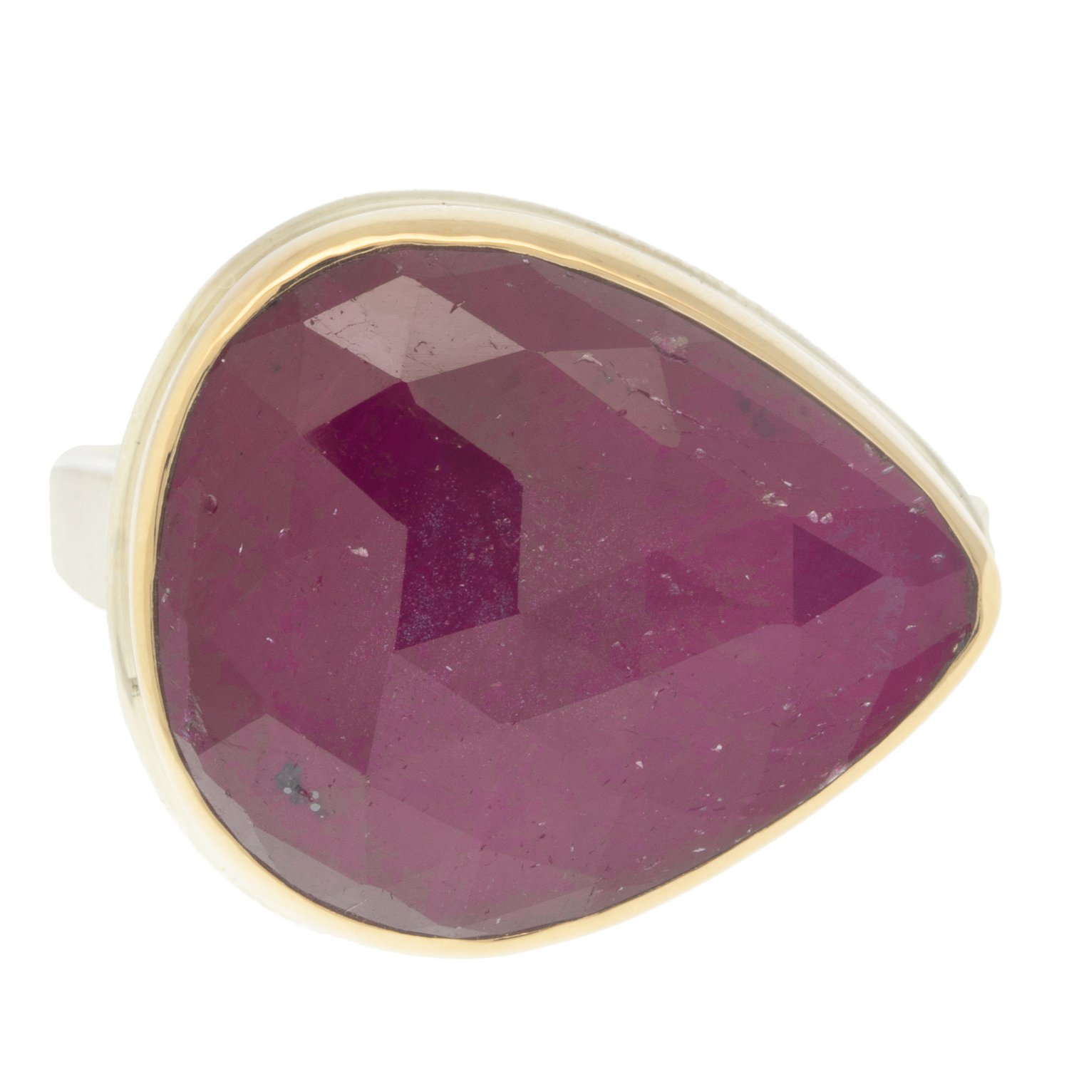 Jamie Joseph: Ring, Teardrop rose cut, 14K gold bezel set Indian ruby, Sterling silver soft live edge band, Stone measures 5/8 x 3/4, Currently available in size 7 1/2