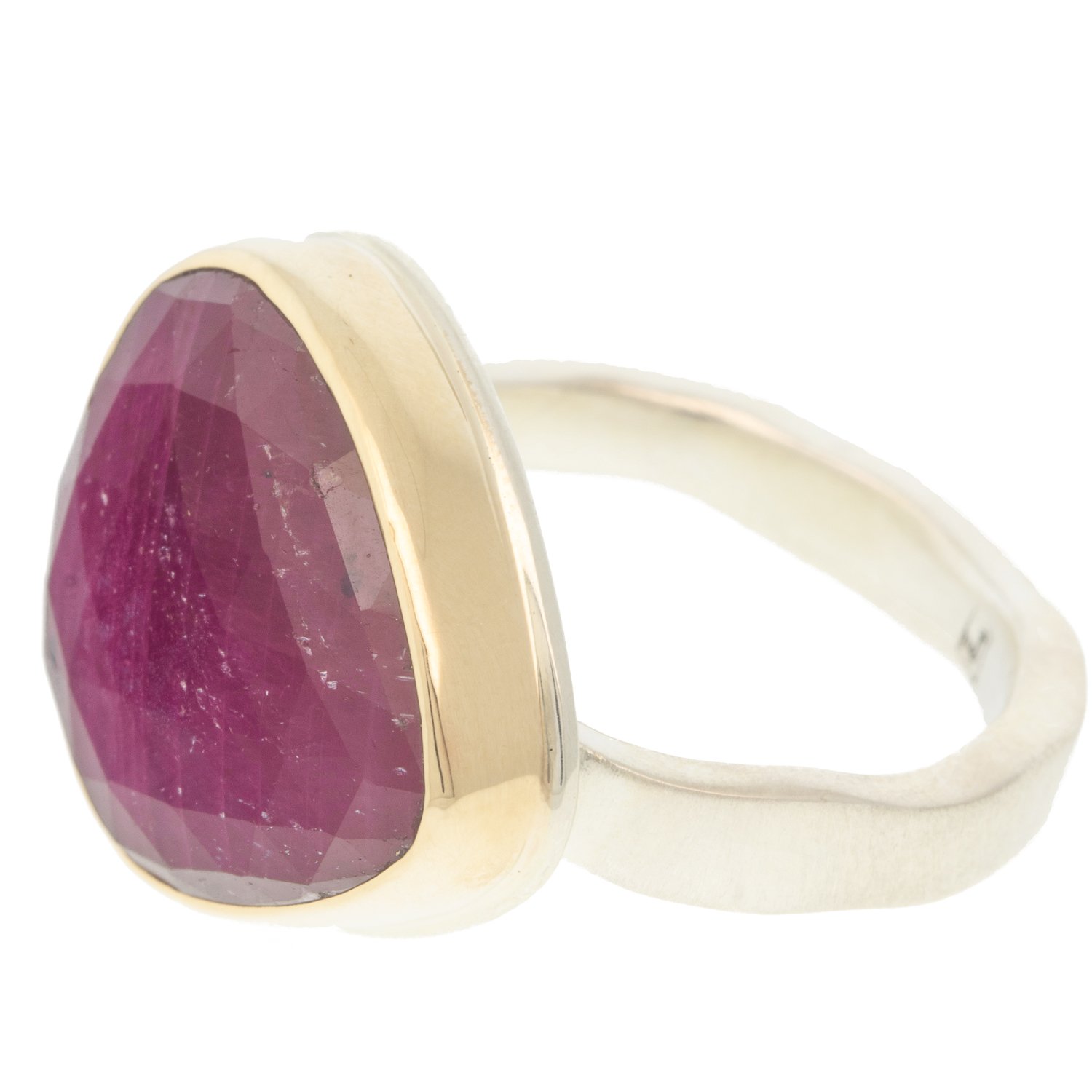 Jamie Joseph: Ring, Teardrop rose cut, 14K gold bezel set Indian ruby, Sterling silver soft live edge band, Stone measures 5/8 x 3/4, Currently available in size 7 1/2