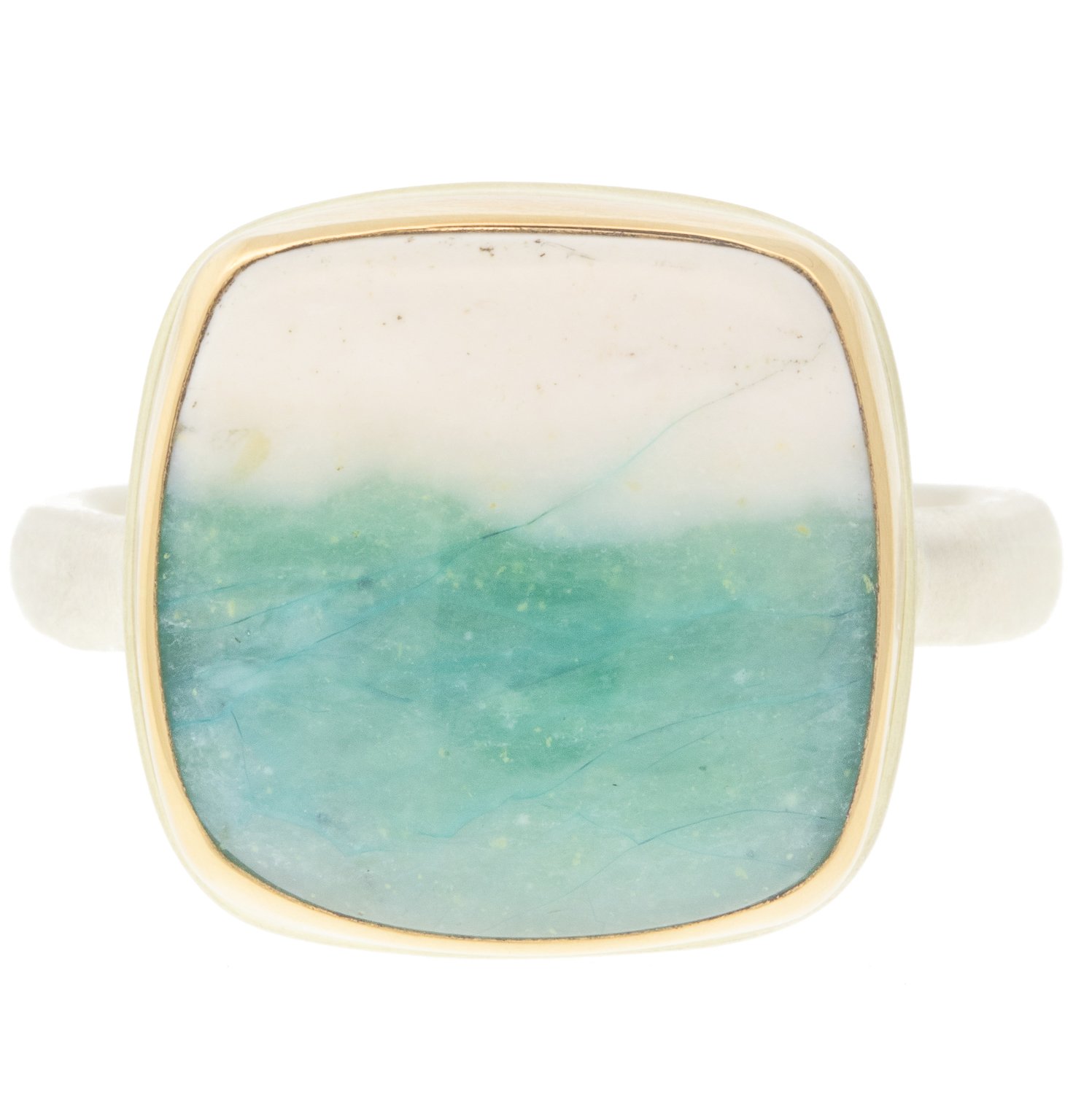 Jamie Joseph: Ring, Small square, 14K gold bezel set Indonesian blue fossilized opalized wood, Sterling silver middle organic band, Stone measures 9/16 x 9/16, Currently available in size 6 3/4