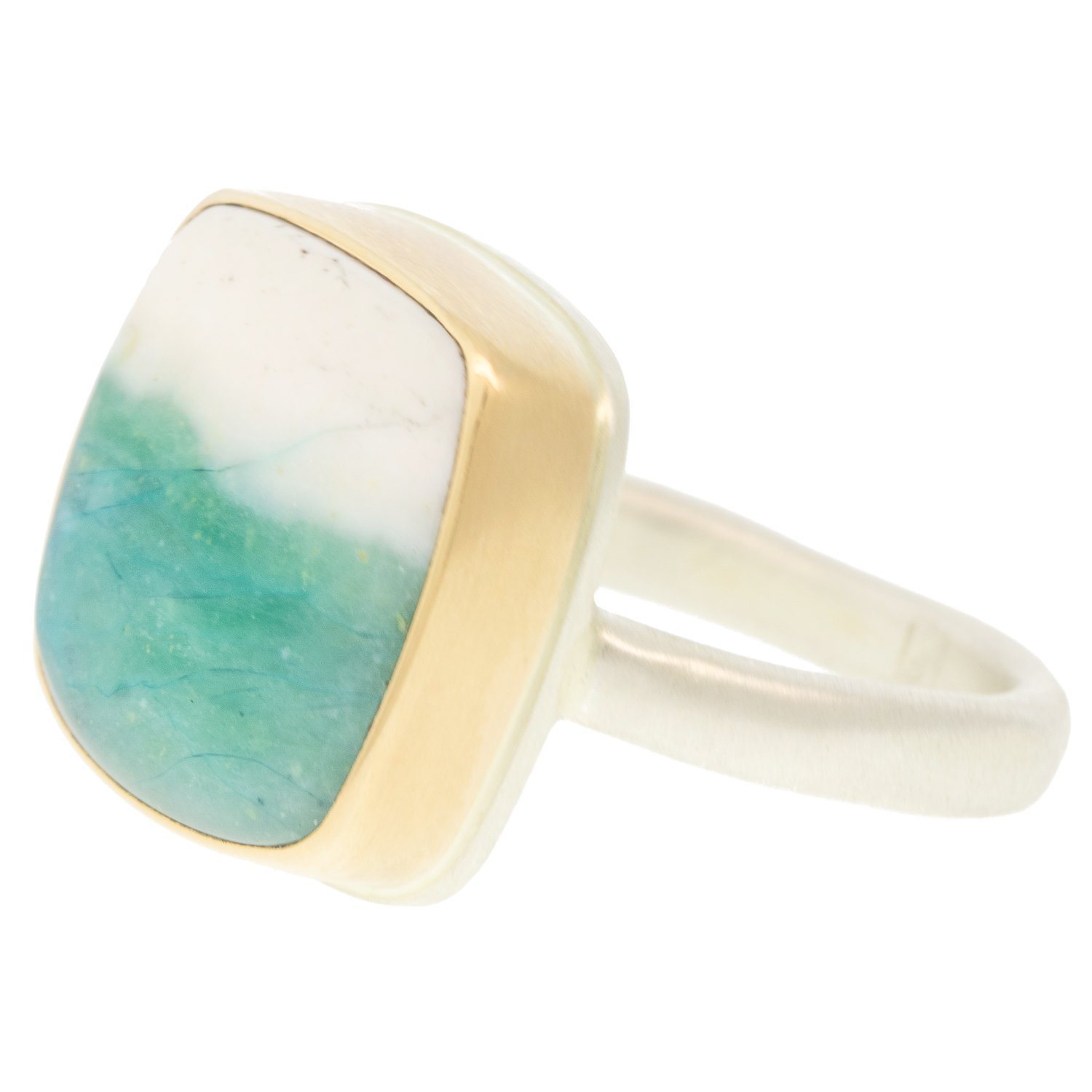 Jamie Joseph: Ring, Small square, 14K gold bezel set Indonesian blue fossilized opalized wood, Sterling silver middle organic band, Stone measures 9/16 x 9/16, Currently available in size 6 3/4