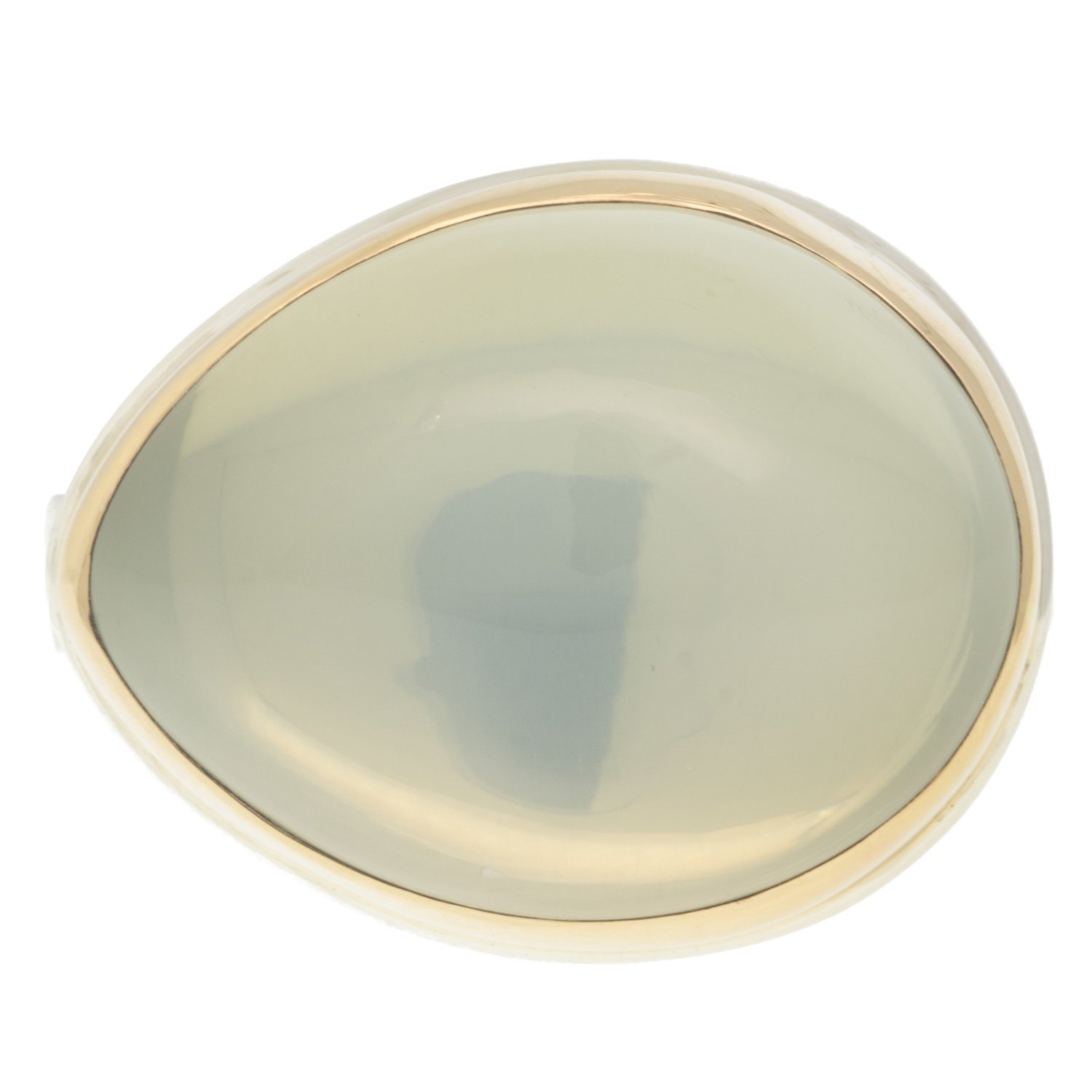 Jamie Joseph: Ring, Teardrop smooth, 14K gold bezel set green moonstone, Sterling silver soft live edge band, Stone measures 5/8 x 13/16, Currently available in size 7 1/2