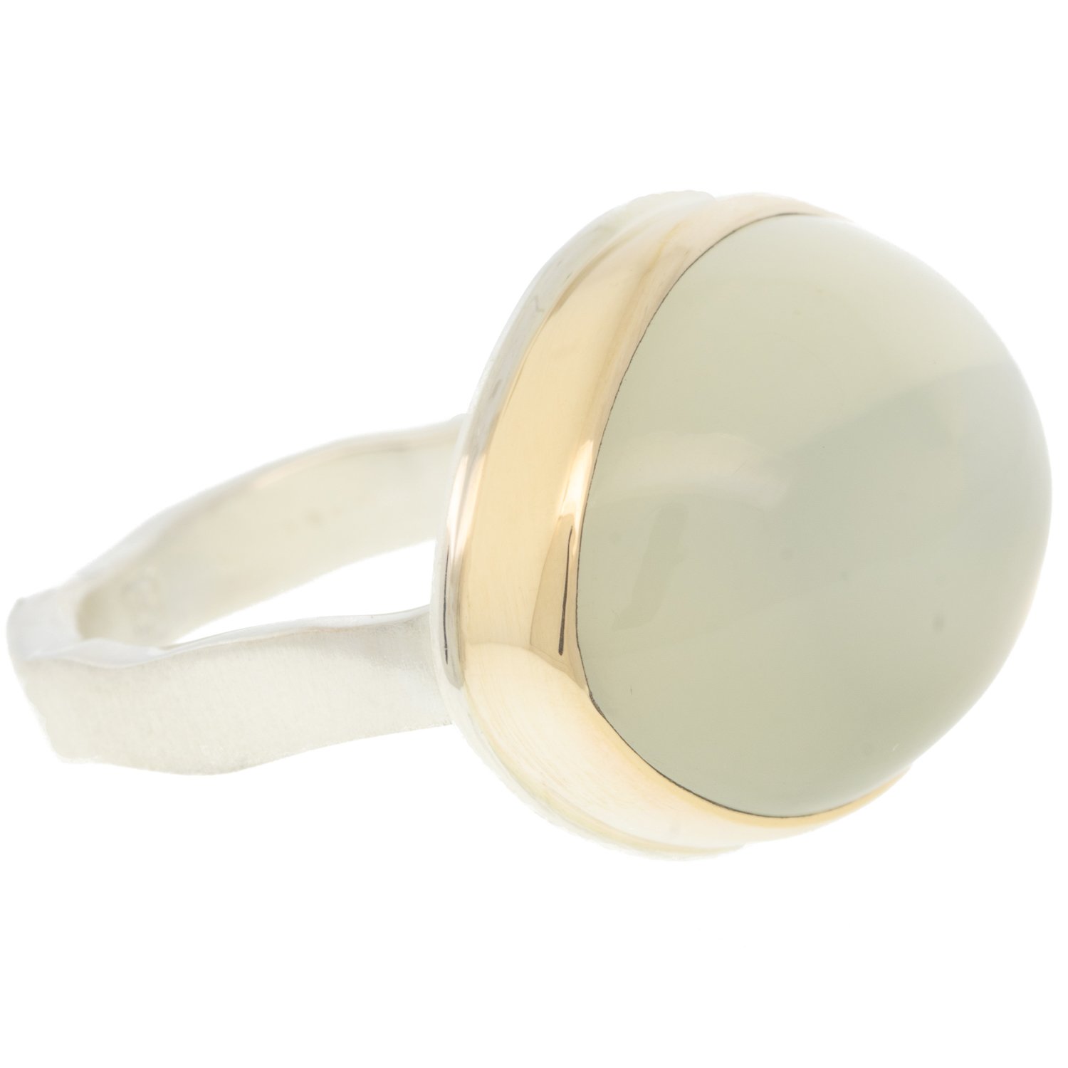 Jamie Joseph: Ring, Teardrop smooth, 14K gold bezel set green moonstone, Sterling silver soft live edge band, Stone measures 5/8 x 13/16, Currently available in size 7 1/2