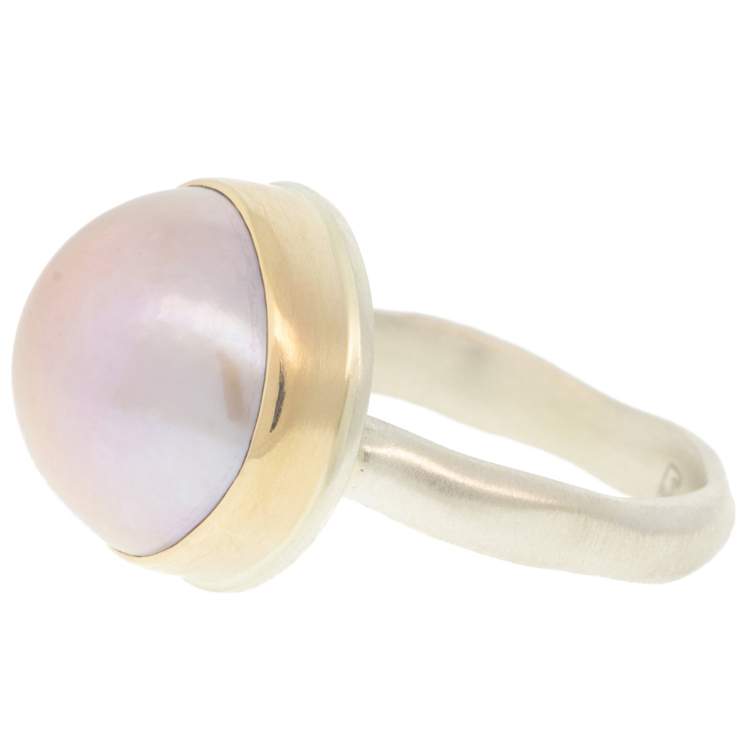 Jamie Joseph: Ring, Round, 14K gold bezel set pink cultured pearl, Sterling silver middle groovy band, Stone measures 9/16 x 9/16, Currently available in size 7 1/4