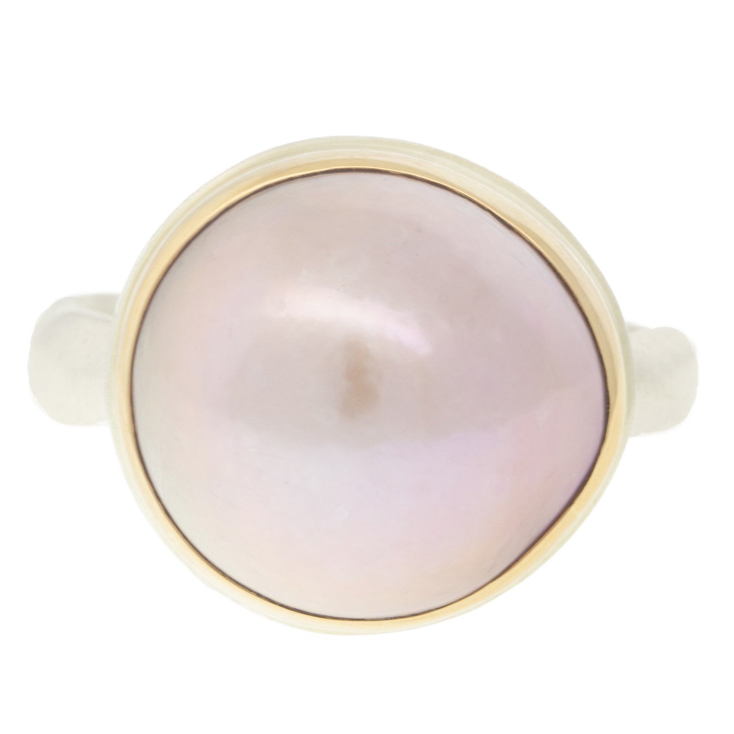 Jamie Joseph: Ring, Round, 14K gold bezel set pink cultured pearl, Sterling silver middle groovy band, Stone measures 9/16 x 9/16, Currently available in size 7 1/4