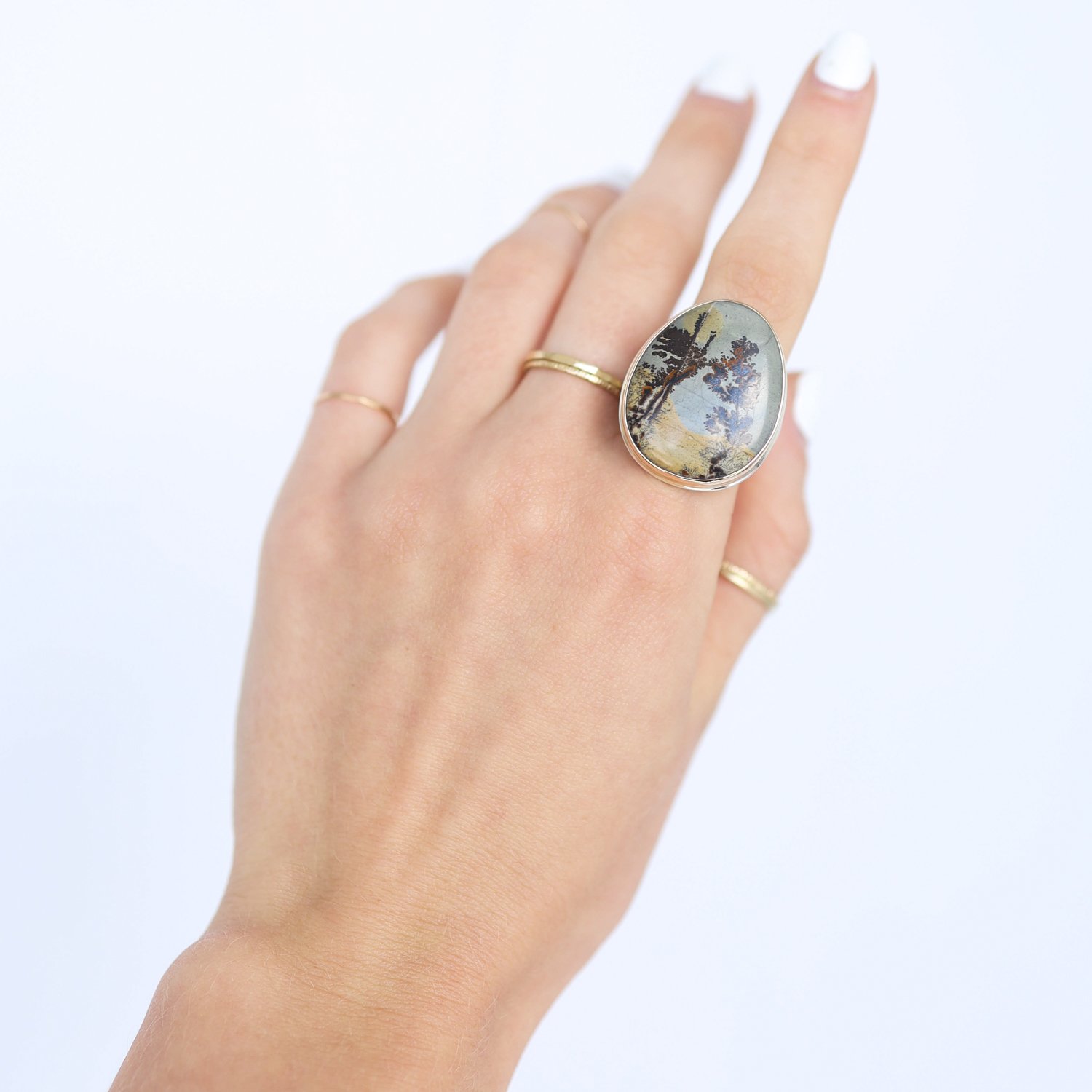 Jamie Joseph: Ring, Large vertical asymmetrical, 14K gold bezel set picture jasper, Sterling silver Y band, Stone measures 1 1/16 x 13/16, Currently available in size 7 3/4