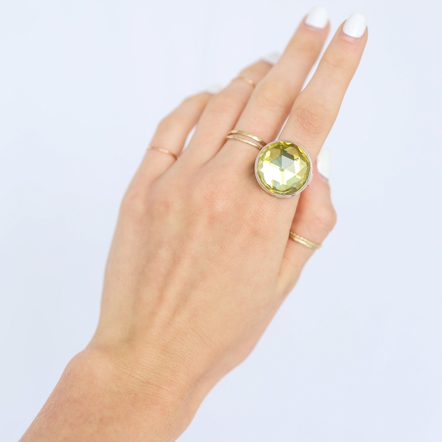 Jamie Joseph: Ring, Round rose cut, 14K gold bezel set lemon quartz, Sterling silver live edge band, Stone measures 3/4 in diameter, Currently available in size 7 1/2