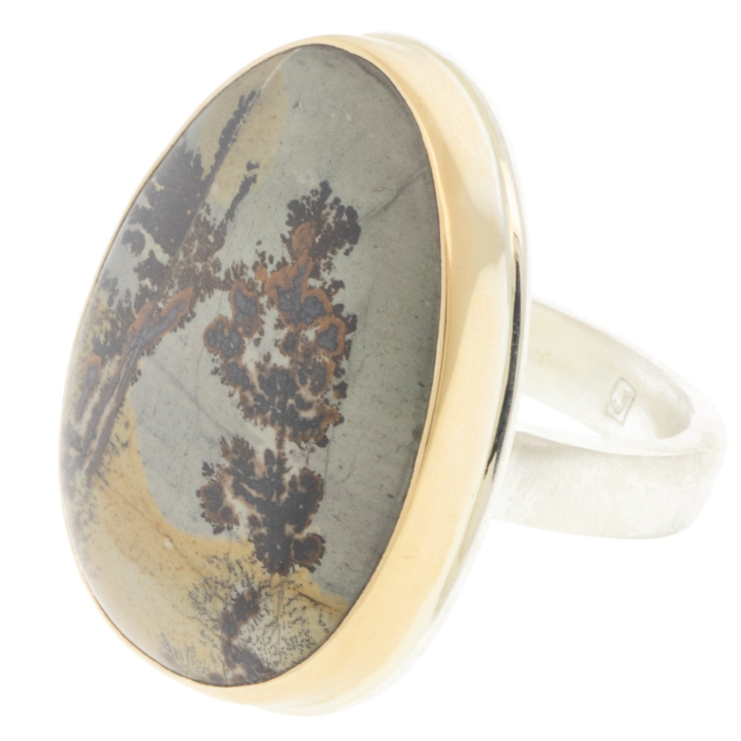 Jamie Joseph: Ring, Large vertical asymmetrical, 14K gold bezel set picture jasper, Sterling silver Y band, Stone measures 1 1/16 x 13/16, Currently available in size 7 3/4