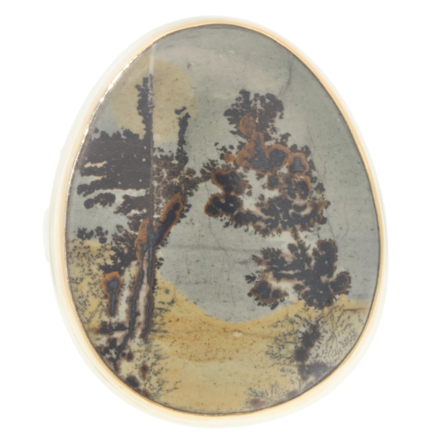 Jamie Joseph: Ring, Large vertical asymmetrical, 14K gold bezel set picture jasper, Sterling silver Y band, Stone measures 1 1/16 x 13/16, Currently available in size 7 3/4