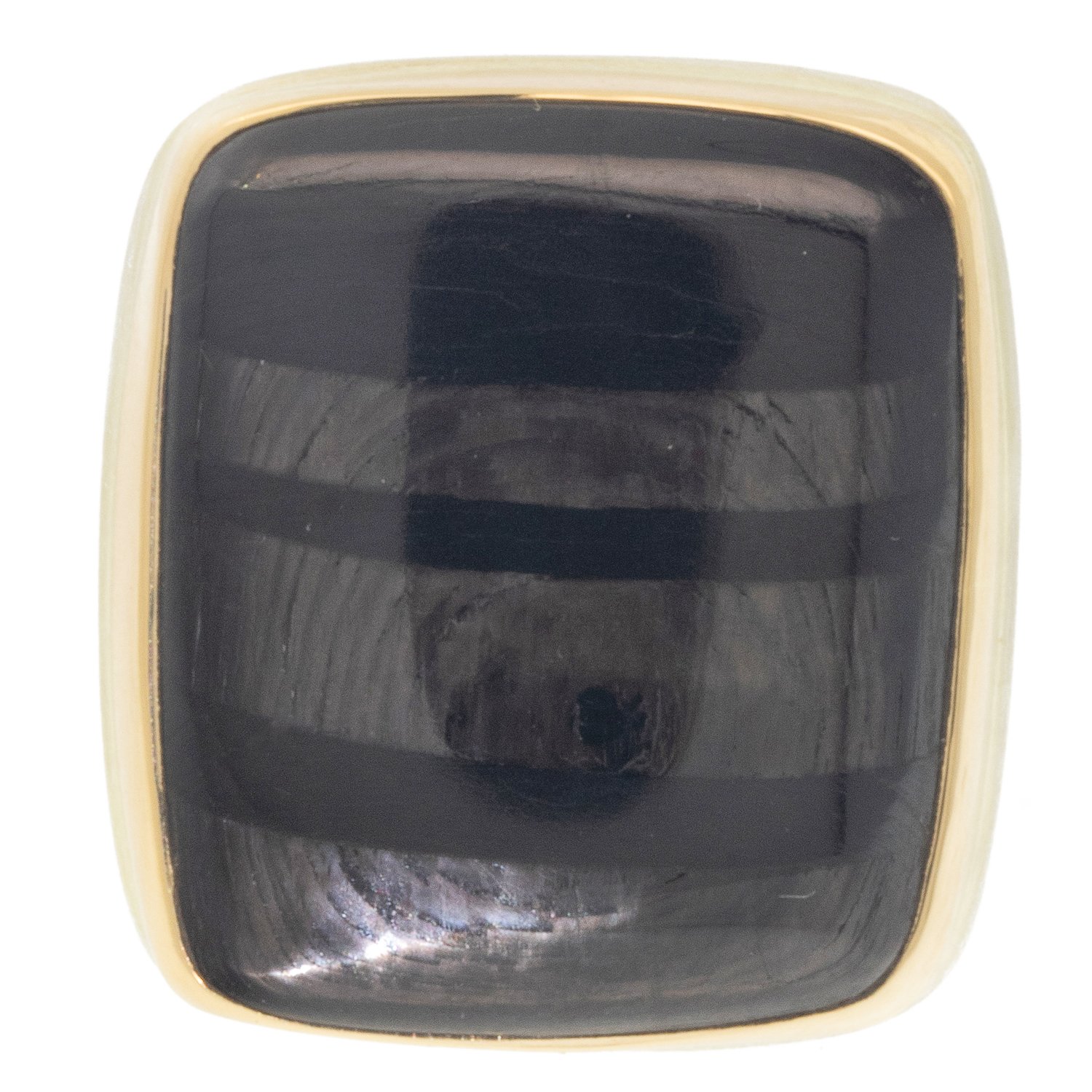 Jamie Joseph: Ring, Vertical rectangular smooth, 14K gold bezel set hypersthene, Sterling silver comfort band, Stone measures 7/8 x 3/4, Currently available in size 8
