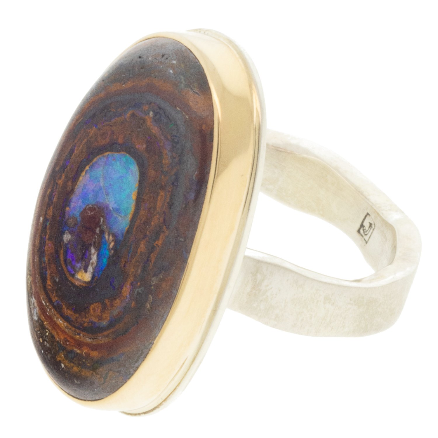 Jamie Joseph: Ring, Vertical oval, 14K gold bezel set Koroit boulder opal, Sterling silver live edge band, Stone measures 1 1/16 x 11/16, Currently available in size 7 1/4