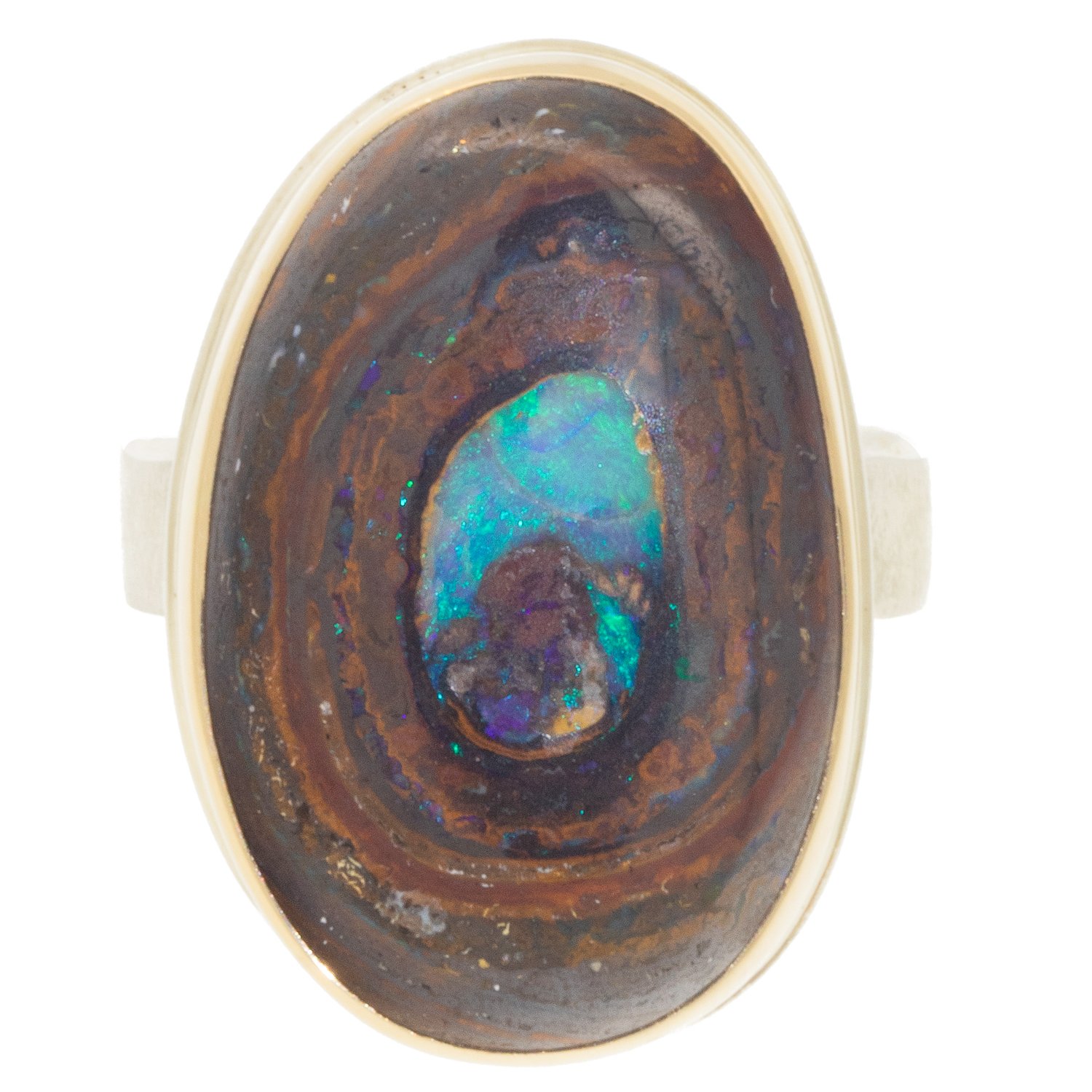 Jamie Joseph: Ring, Vertical oval, 14K gold bezel set Koroit boulder opal, Sterling silver live edge band, Stone measures 1 1/16 x 11/16, Currently available in size 7 1/4