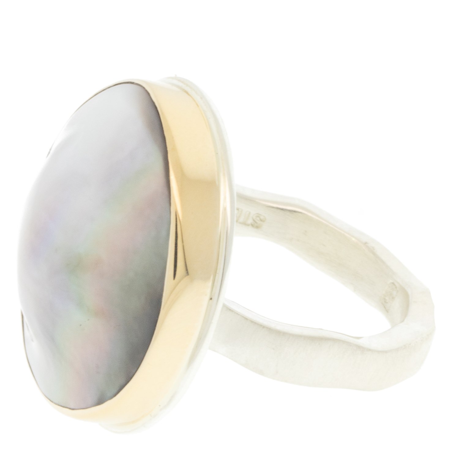 Jamie Joseph: Ring, Large round, 14K gold bezel set Tahitian mabe pearl, Sterling silver soft live edge band, Stone measures 13/16 in diameter, Currently available in size 7 1/2