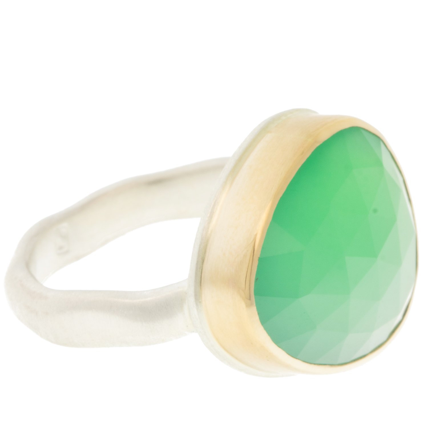 Jamie Joseph: Ring, Small asymmetrical rose cut, 14K gold bezel set chrysoprase, Sterling silver middle groovy band, Stone measures 9/16 x 11/16, Currently available in size 7