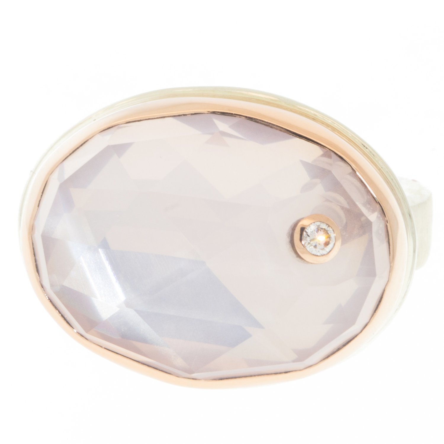 rose gold and silver ring with rose quartz and diamond by jewelry designer Jamie Joseph