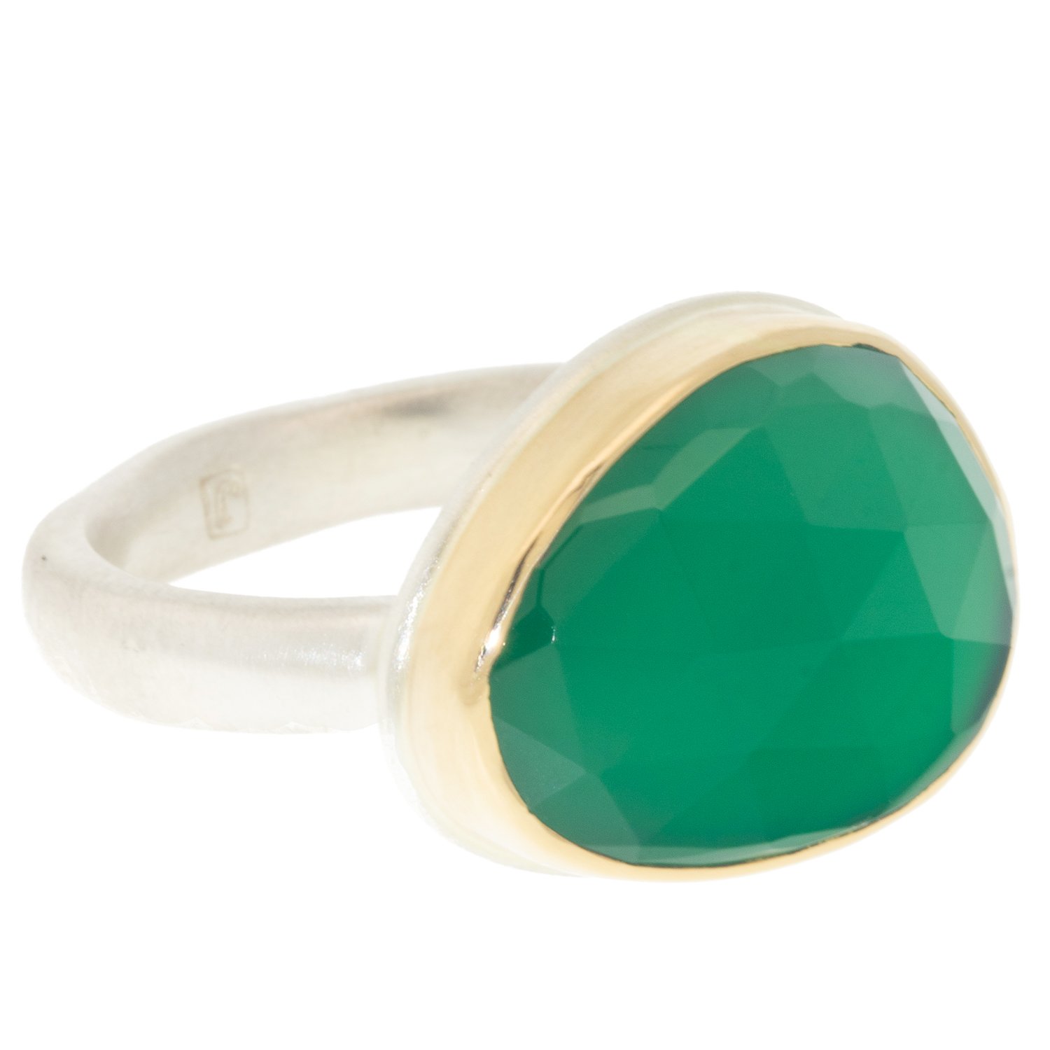Jamie Joseph: Ring, Small asymmetrical rose cut, 14K gold bezel set green onyx, Sterling silver organic band, Stone measures 1/2 x 5/8, Currently available in size 7