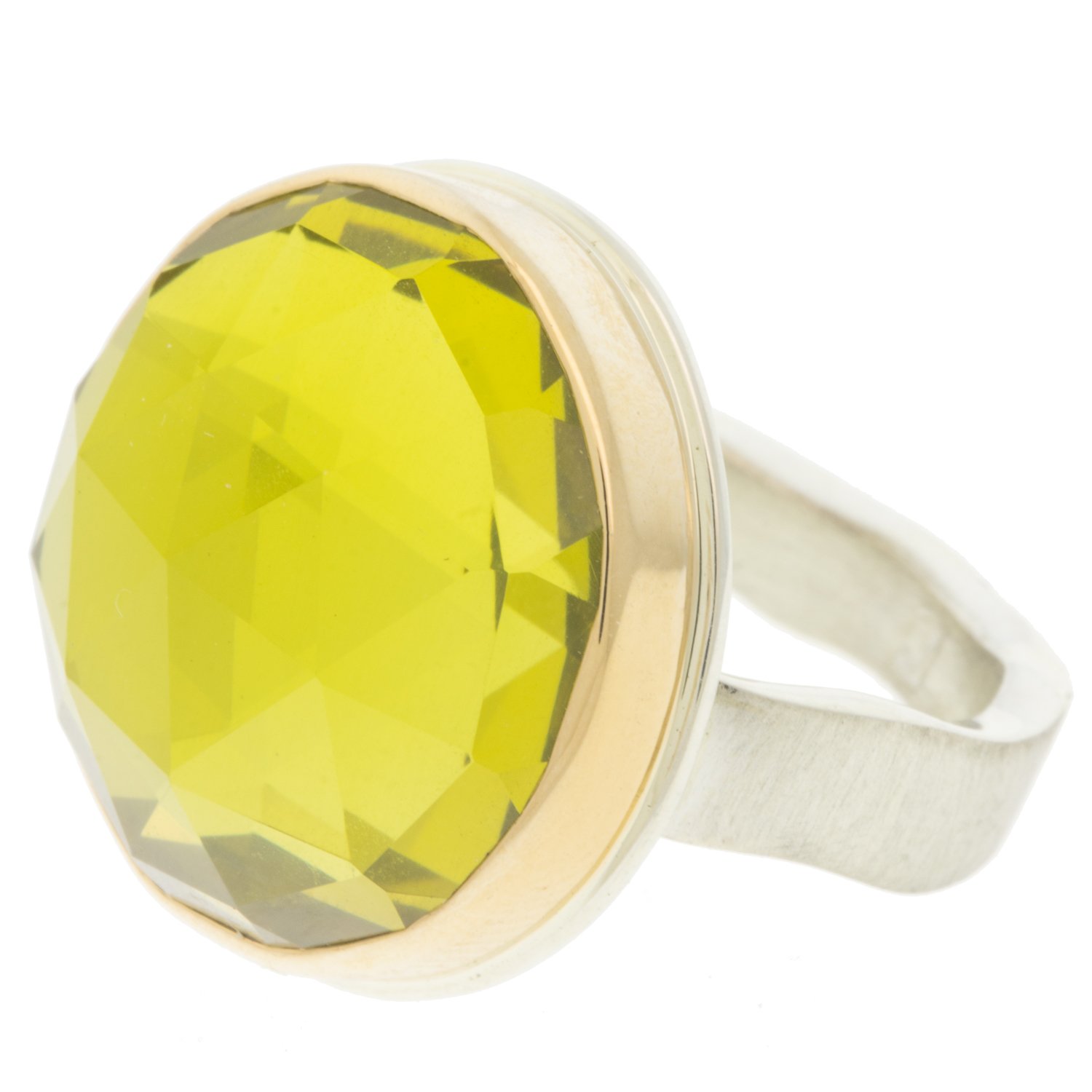 Jamie Joseph: Ring, Round rose cut, 14K gold bezel set lemon quartz, Sterling silver live edge band, Stone measures 3/4 in diameter, Currently available in size 7 1/2
