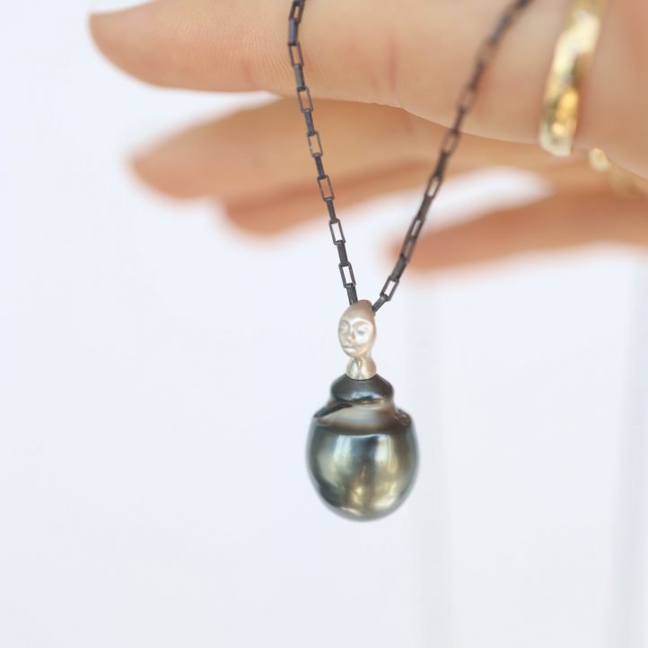 Hannah Blount: Raven Tahitian Pearl Cameo Necklace, Tahitian pearl, Bright silver, Oxidized silver, Pendant measures 1 1/16 x 9/16, Chain measures 32" in length