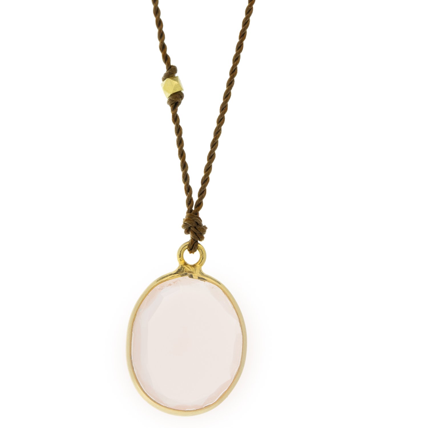 Margaret Solow: Necklace, Rose quartz, 18K yellow gold, Nylon cord measures 17, Pendant measures 9/16 x 7/16 including bail