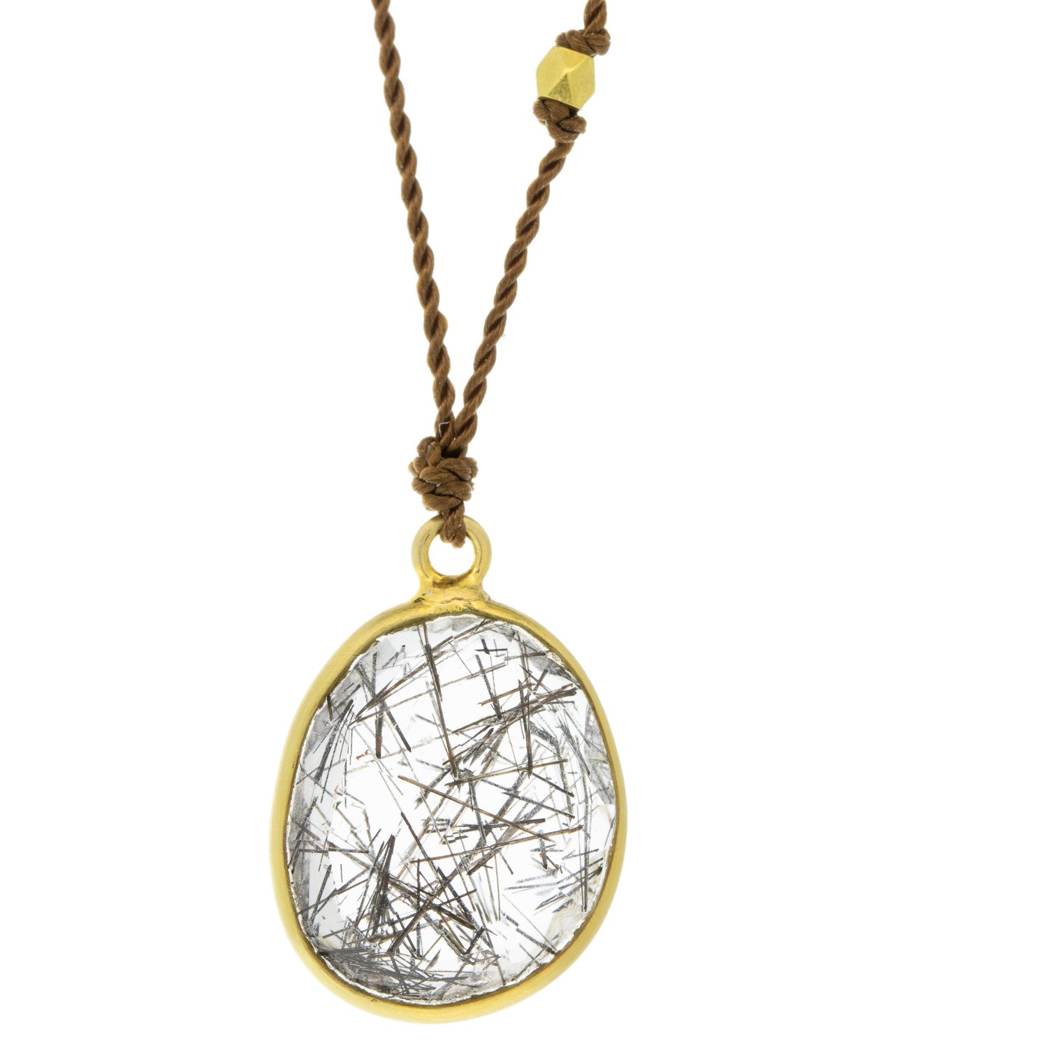 Margaret Solow: Necklace, Tourmalinated quartz, 18K yellow gold, Nylon cord measures 17, Pendant measures 5/8 x 7/16 including bail