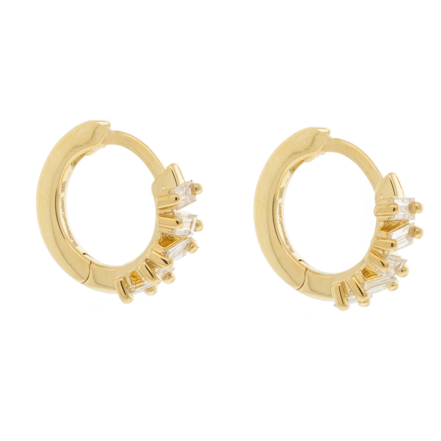 Suzanne Kalan: Huggie hoops,12mm,18 K Yellow gold,0.50ct white diamond baguettes,width 4 mm