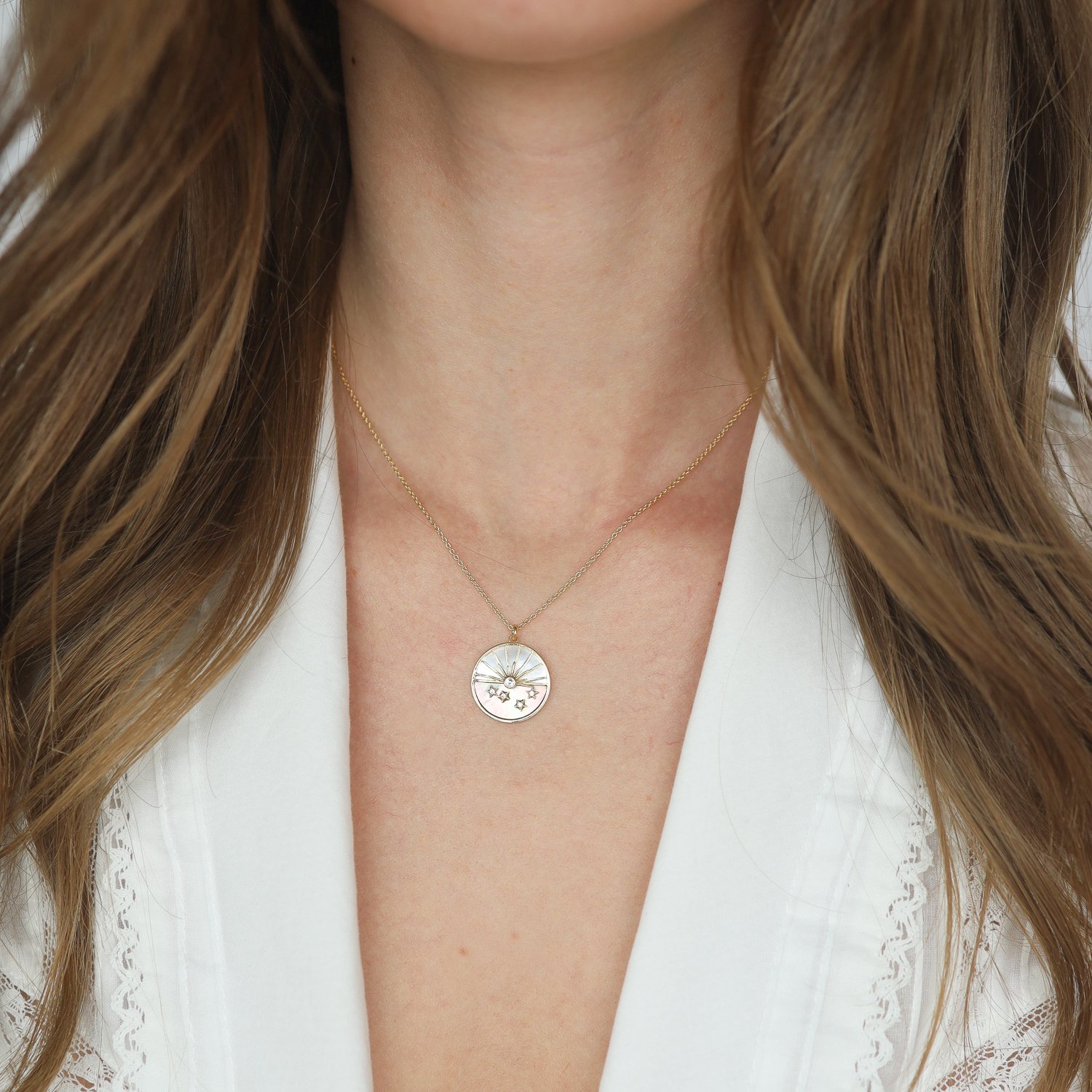 Tai: Gold Simple Chain Necklace with MOP Pendant - Sunset, Chain measures 16-18” pendant measures 11/16” in diameter