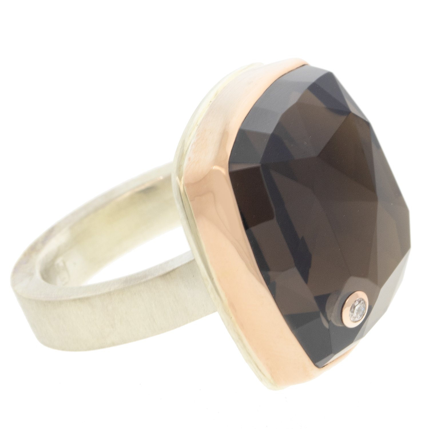 Jamie Joseph: Sterling & 14K rose gold ring w/ Square Rose Cut SMOKY QUARTZ .03 ct Diamond on Y Band sz 7.25 3/4" x 3/4"