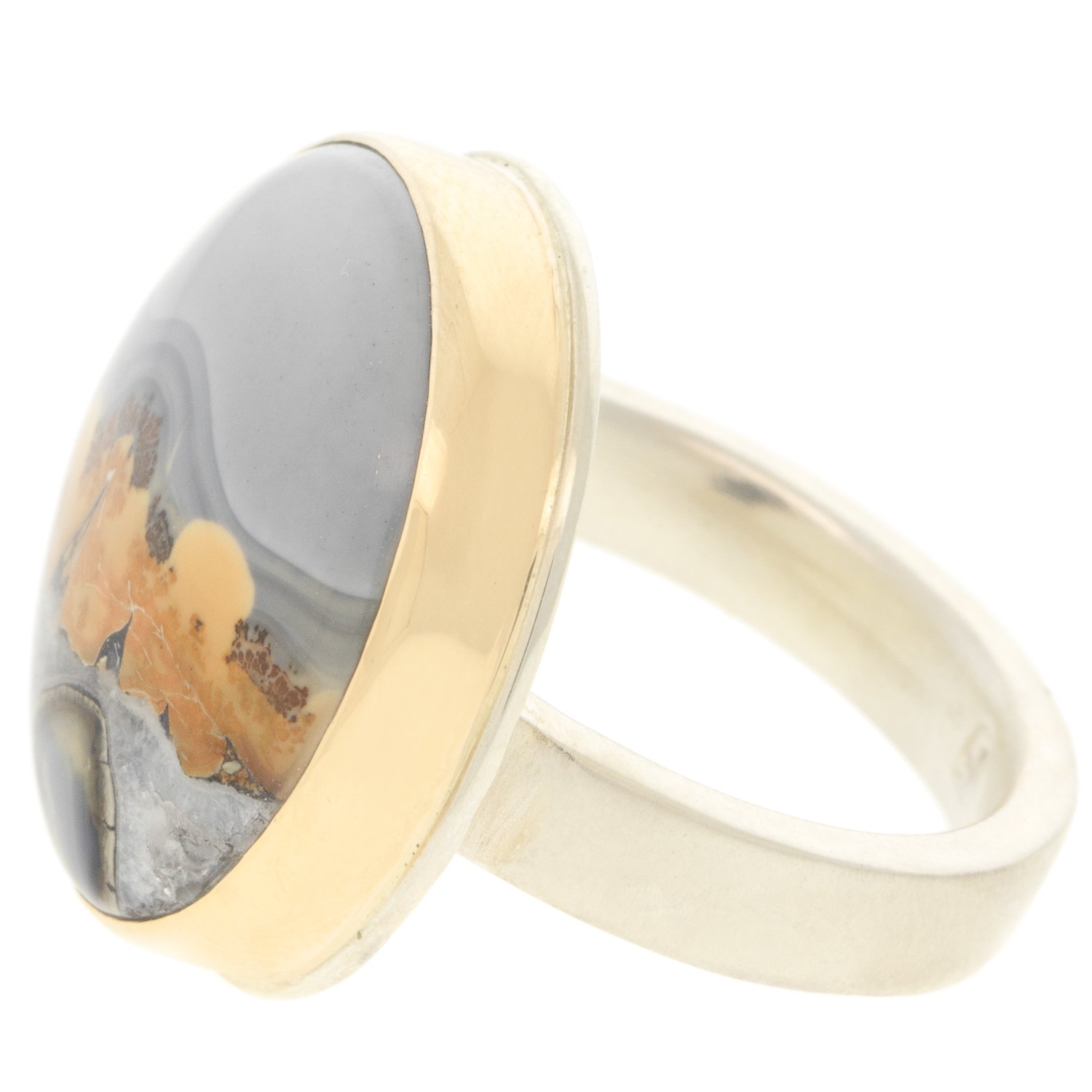 Jamie Joseph: Ring, Round, 14K gold bezel set maligano jasper, Sterling silver Y band, Stone measures 3/4 in diameter, Currently available in size 7 3/4