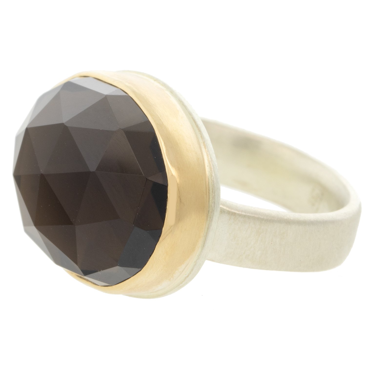 Jamie Joseph: Sterling & 14K gold ring w/ Oval Rose Cut SMOKY QUARTZ on comfort Band sz 7.75 9/16" x 3/4"