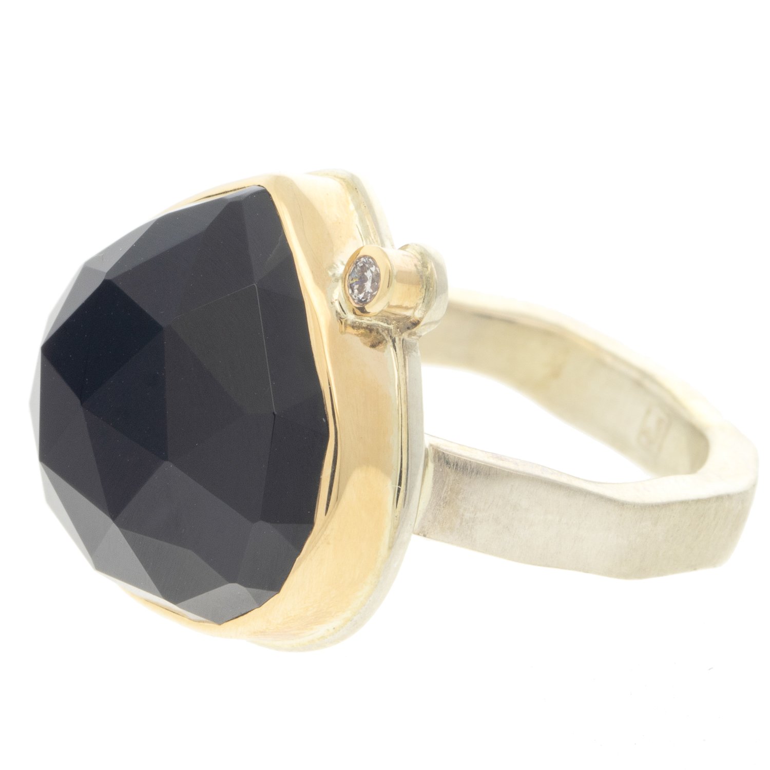 Jamie Joseph: Ring, Lotus rose cut, 14K gold bezel set black onyx, Satellite diamond, .03ct, Sterling silver soft live edge band, Stone measures 1 x 3/4, Currently available in size 7 1/4