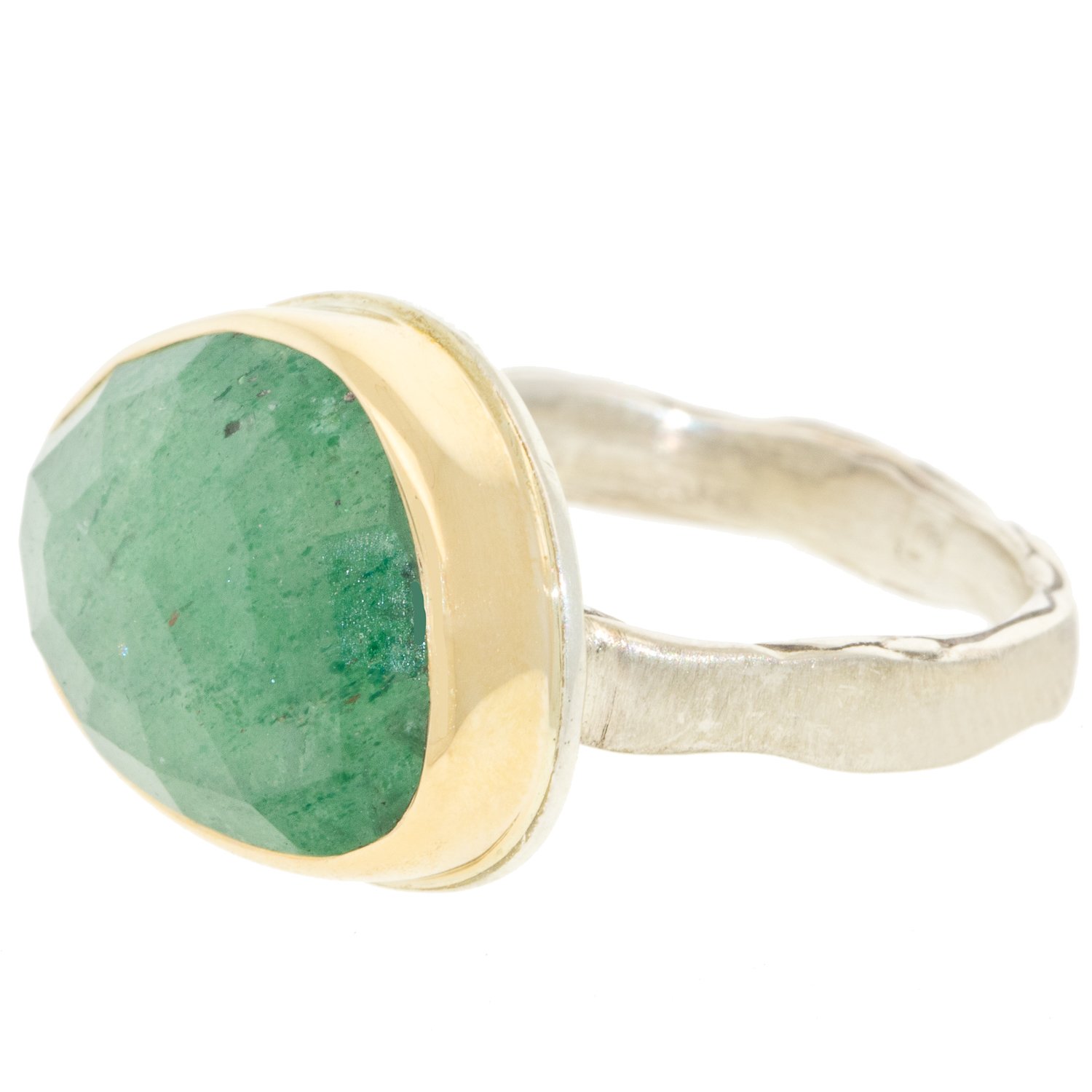 Jamie Joseph: Ring, Small asymmetrical faceted, 14K gold bezel set green quartz, Sterling silver eroded live edge band, Stone measures 1/2 x 5/8, Currently available in size 7 3/4