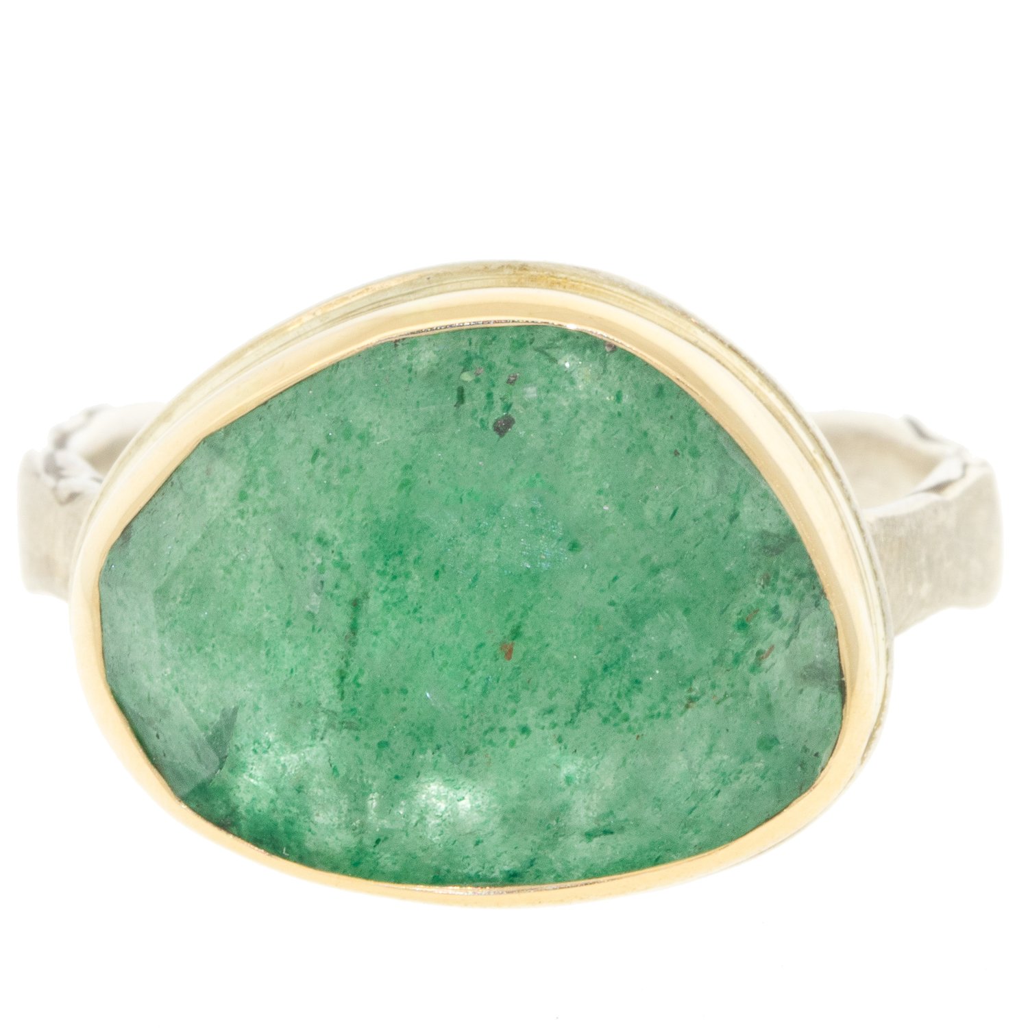 gold and silver ring with green quartz by jewelry designer Jamie Joseph