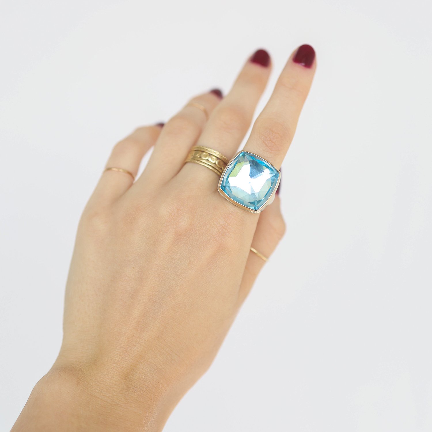 Jamie Joseph: Square Rose Cut Sky Blue Topaz on Groovy Band sz. 7.25 3/4" x 3/4"