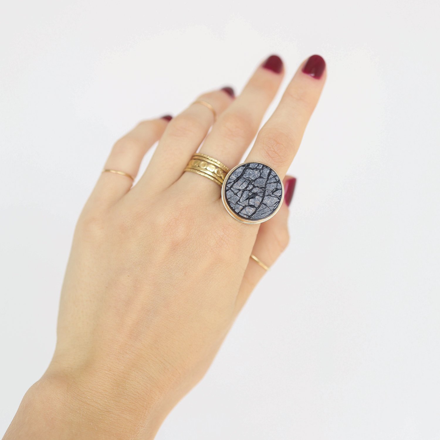 Jamie Joseph: SS & 14k Gold Ring w/ Round surface cut OBSIDIAN on comfort Band Size 7.5 13/16" in diameter