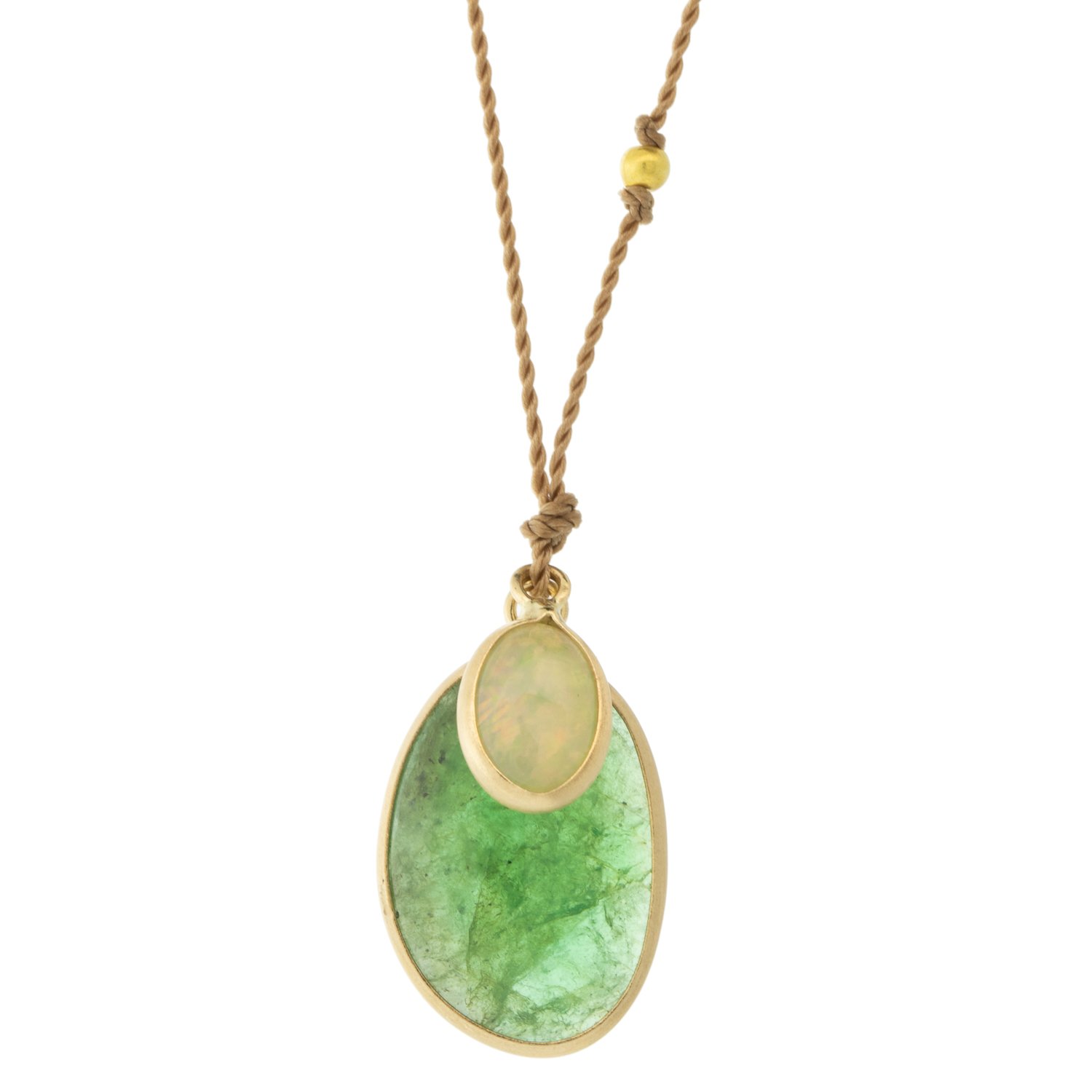 Margaret Solow: Necklace, Emerald & Opal ,14K yellow gold, Nylon cord