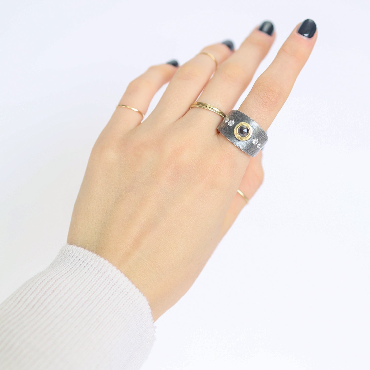 Rene Escobar Trunk show: Ring, ROSE, Silver , Black rose cut diamond in 18K BZ, white diamond accents, .75ct