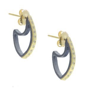 Rene Escobar : Earrings, CELINE, Small, 18K Yellow gold & Silver ,17 MM Stylized Hoops, .34 ct diamonds
