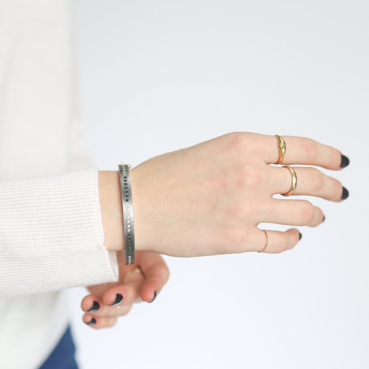 Rene Escobar TRUNK SHOW: Bangle, ADAM, 6MM 18K Gold & Silver, Black & White Diamonds Sz M