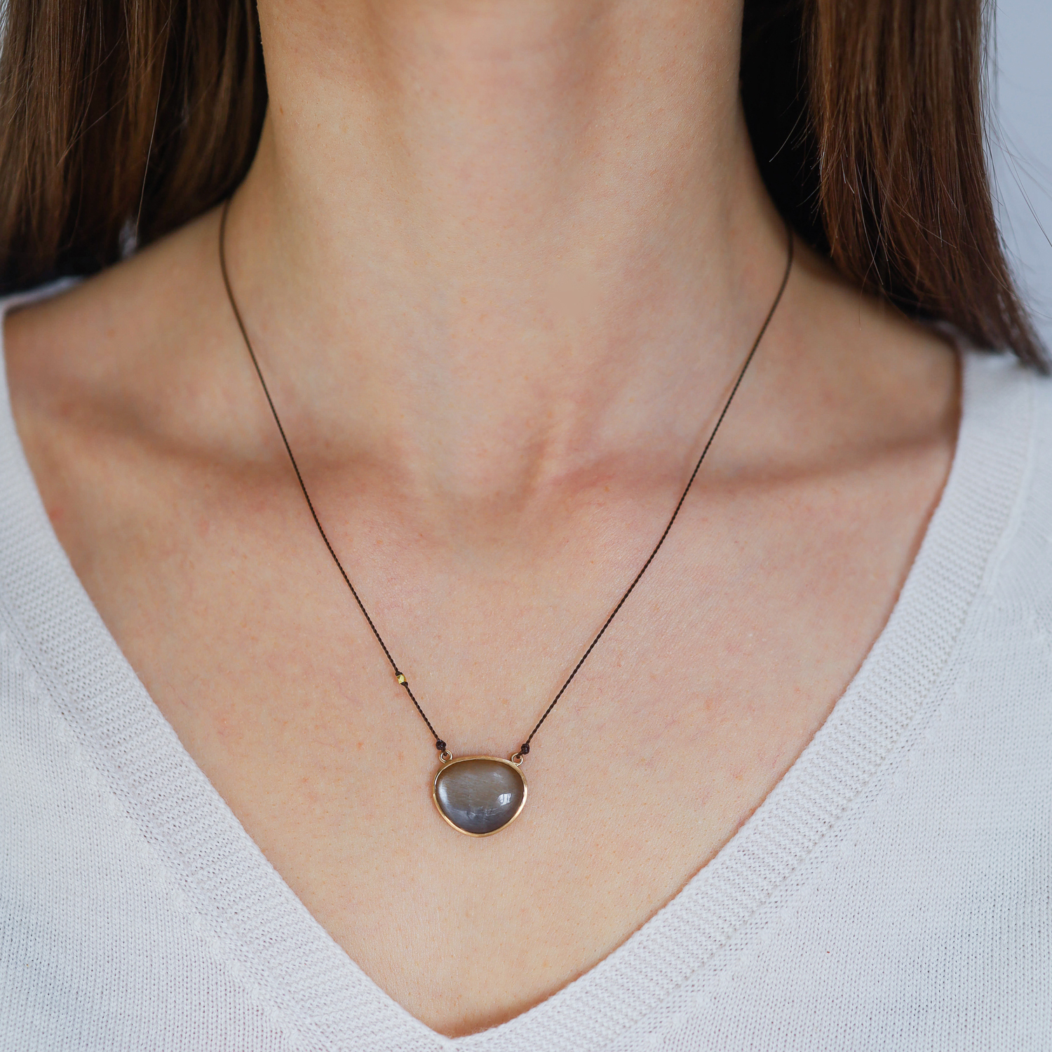 Margaret Solow: Necklace,14K Yellow gold ,Feldspar on nylon cord