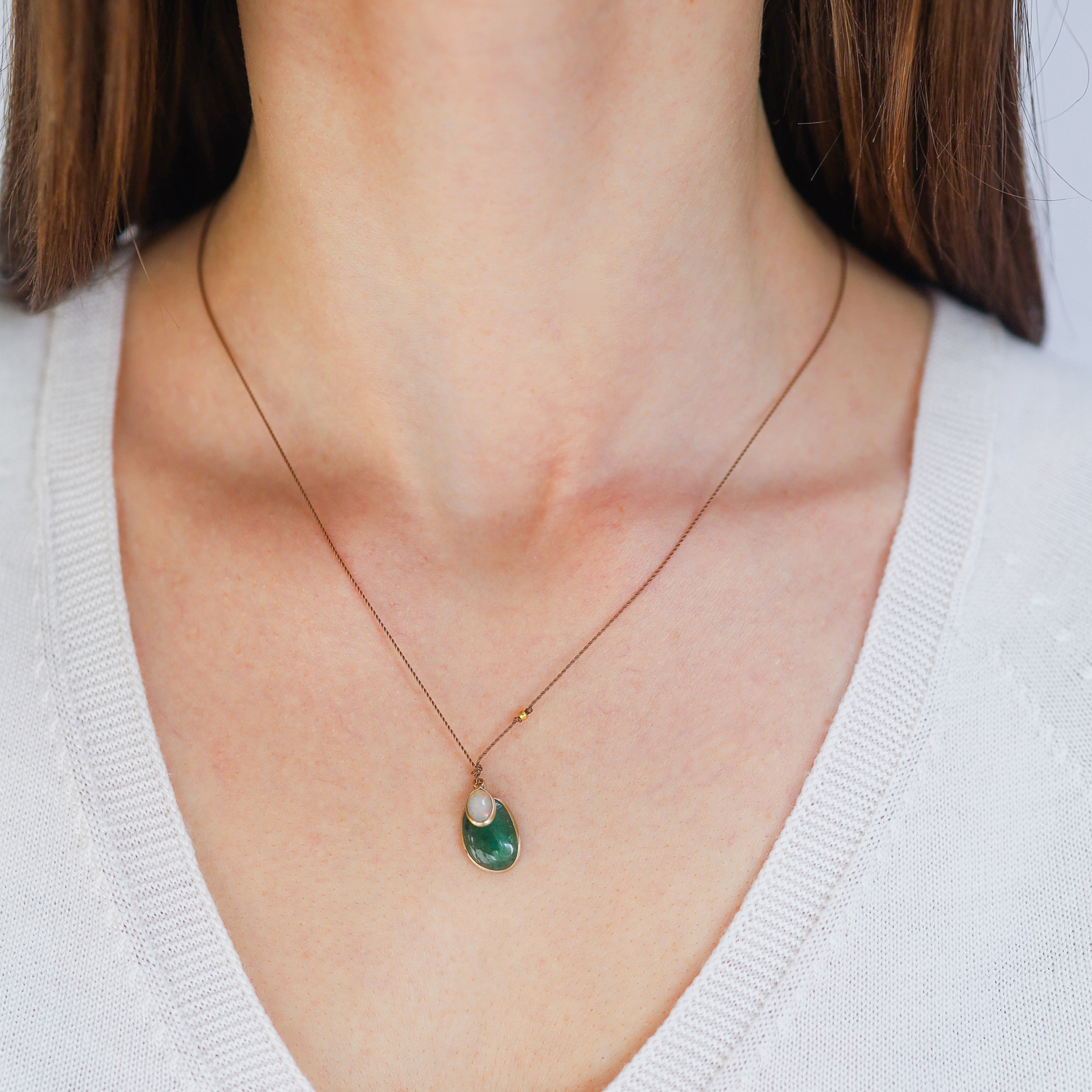 Margaret Solow: Necklace, Emerald & Opal ,14K yellow gold, Nylon cord