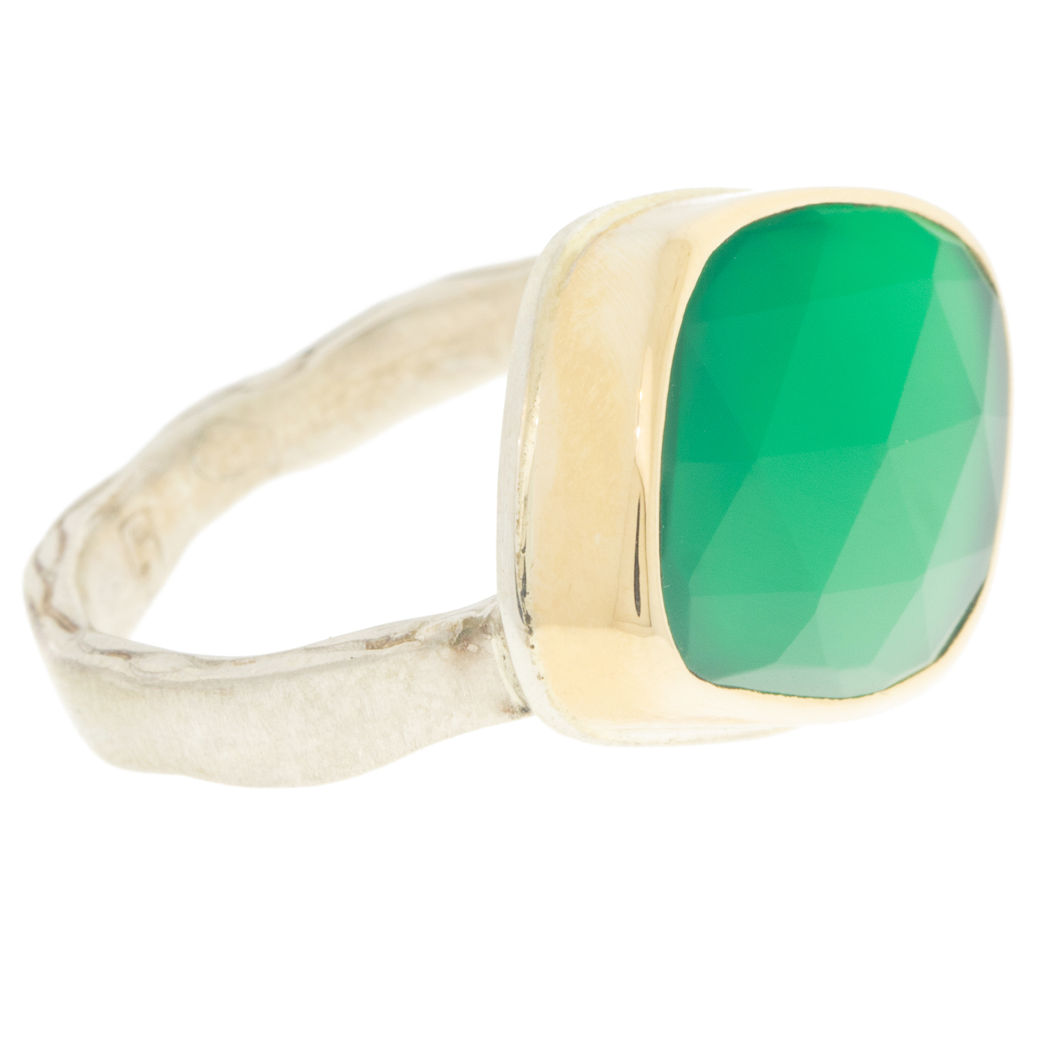 Jamie Joseph: Ring, Small asymmetrical rose cut, 14K gold bezel set green onyx, Sterling silver eroded live edge band, Stone measures 1/2 x 5/8, Currently available in size 6 1/4