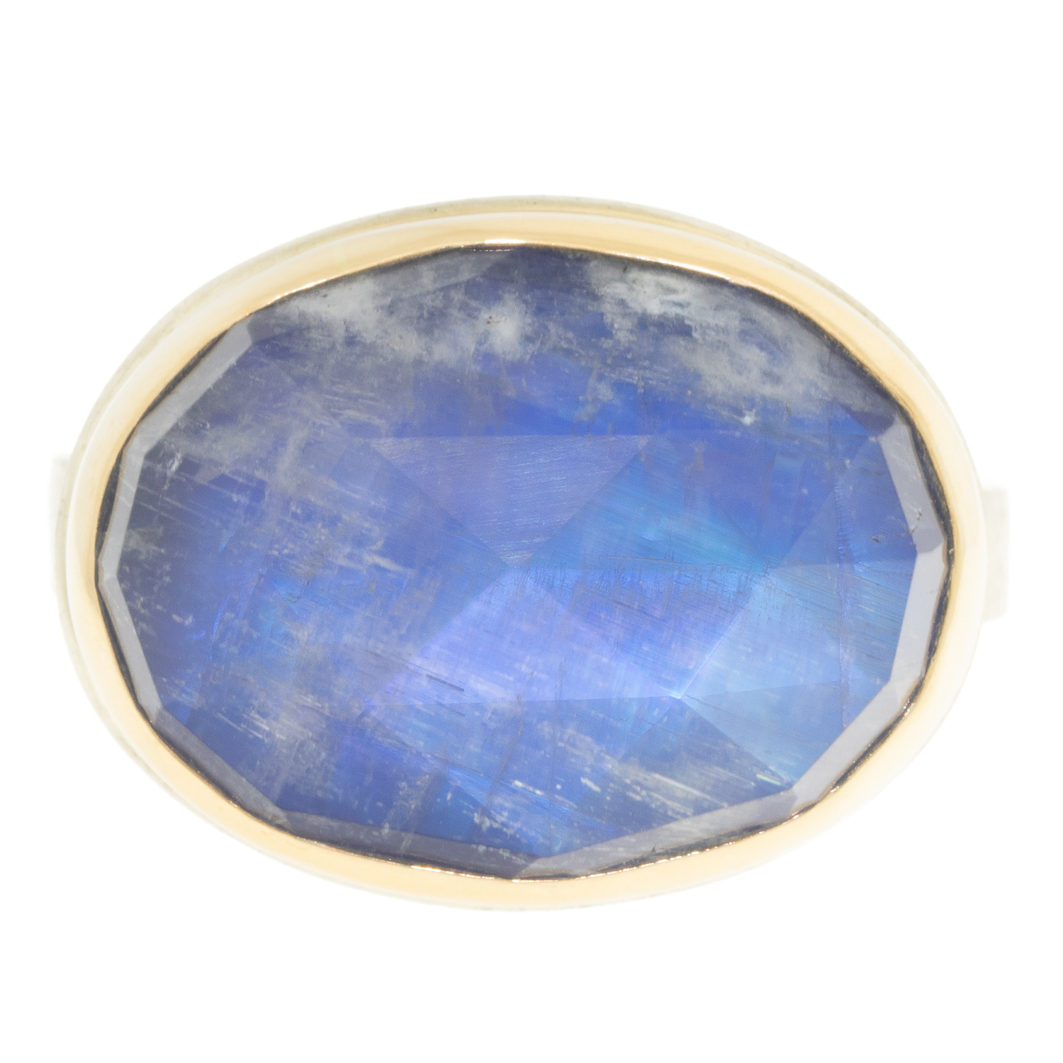 gold and silver ring with rainbow moonstone by jewelry designer Jamie Joseph