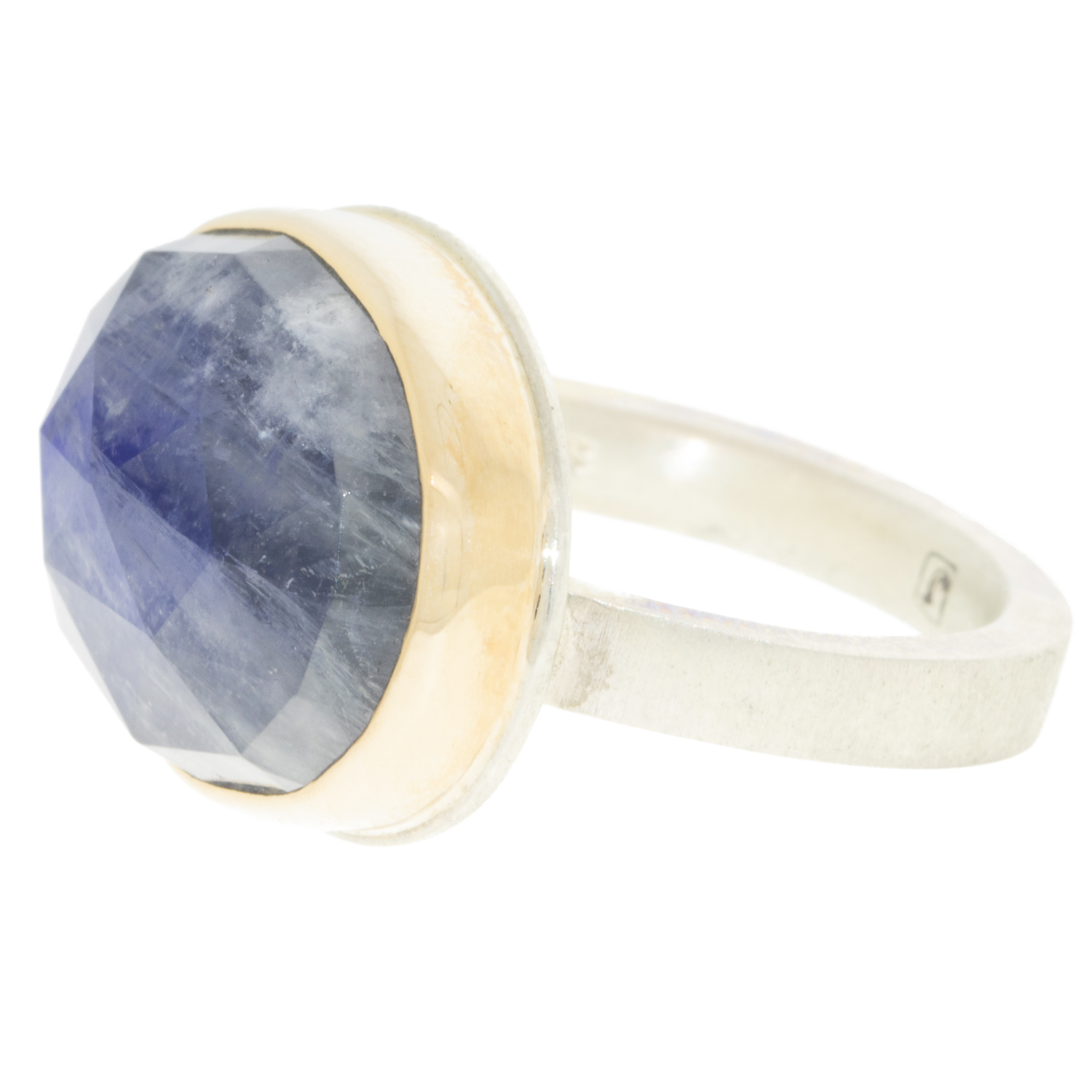 Jamie Joseph: Ring, Rose cut oval, 14K gold bezel set rainbow moonstone, Sterling silver X band, Stone measures 9/16 x 3/4, Currently available in size 7 1/2